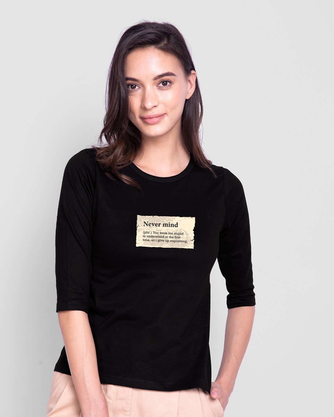 Shop Never Mind Note Round Neck 3/4 Sleeve T-Shirt Black-Back