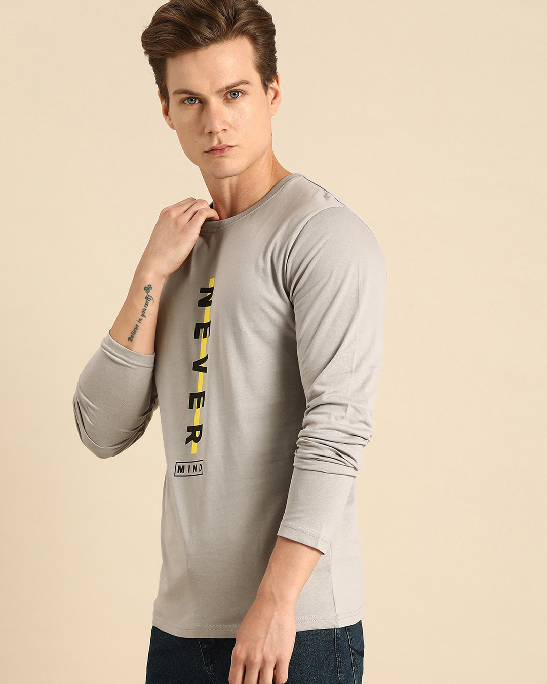 Shop Men's Grey Never Mind Stripe Typography T-shirt-Back