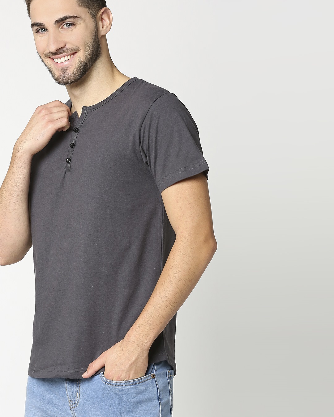 Shop Nimbus Grey Half Sleeves Henley T-Shirt-Back