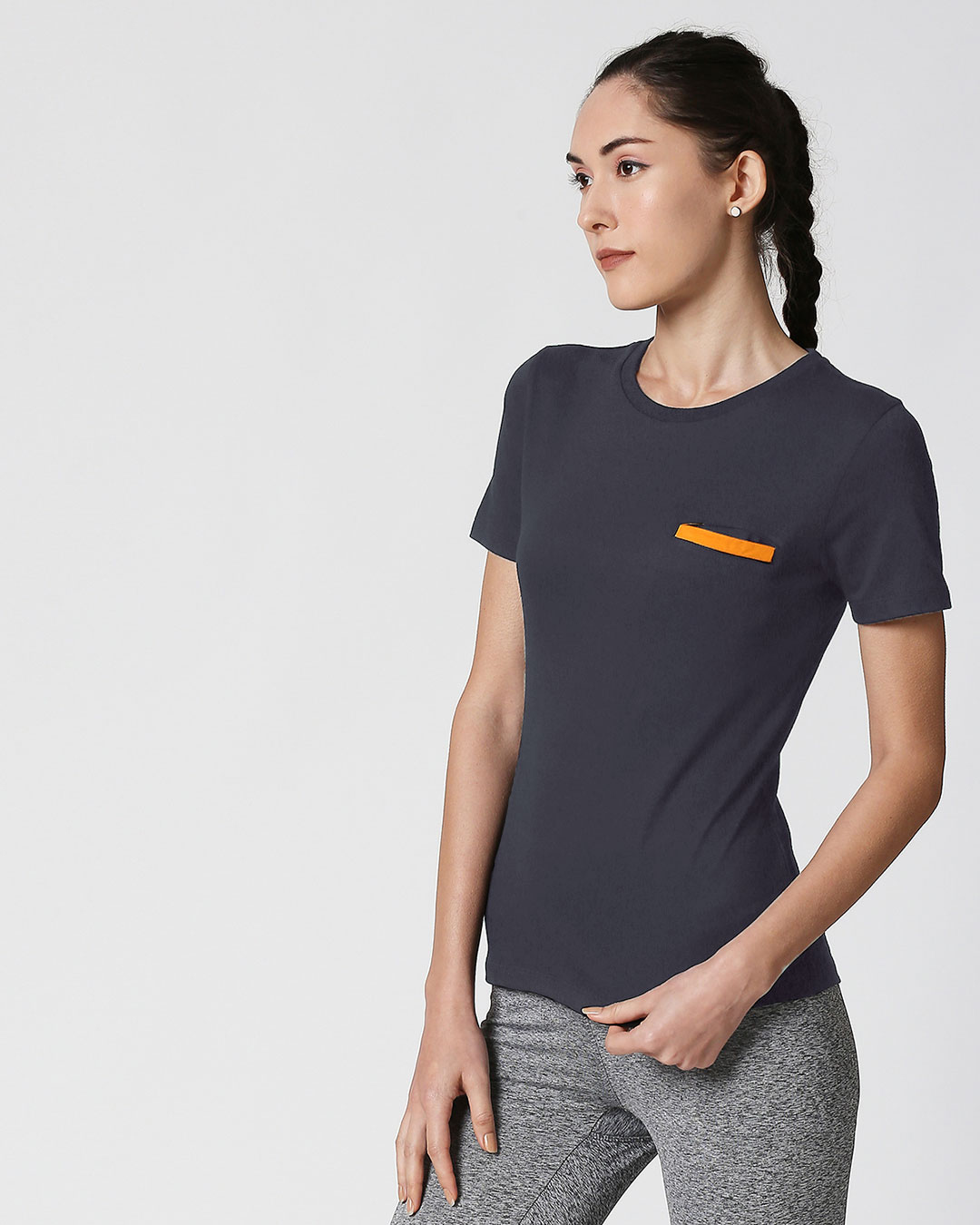 Shop Nimbus Grey-Neon Orange Contrast Bone Pocket Half Sleeves T-Shirt-Back