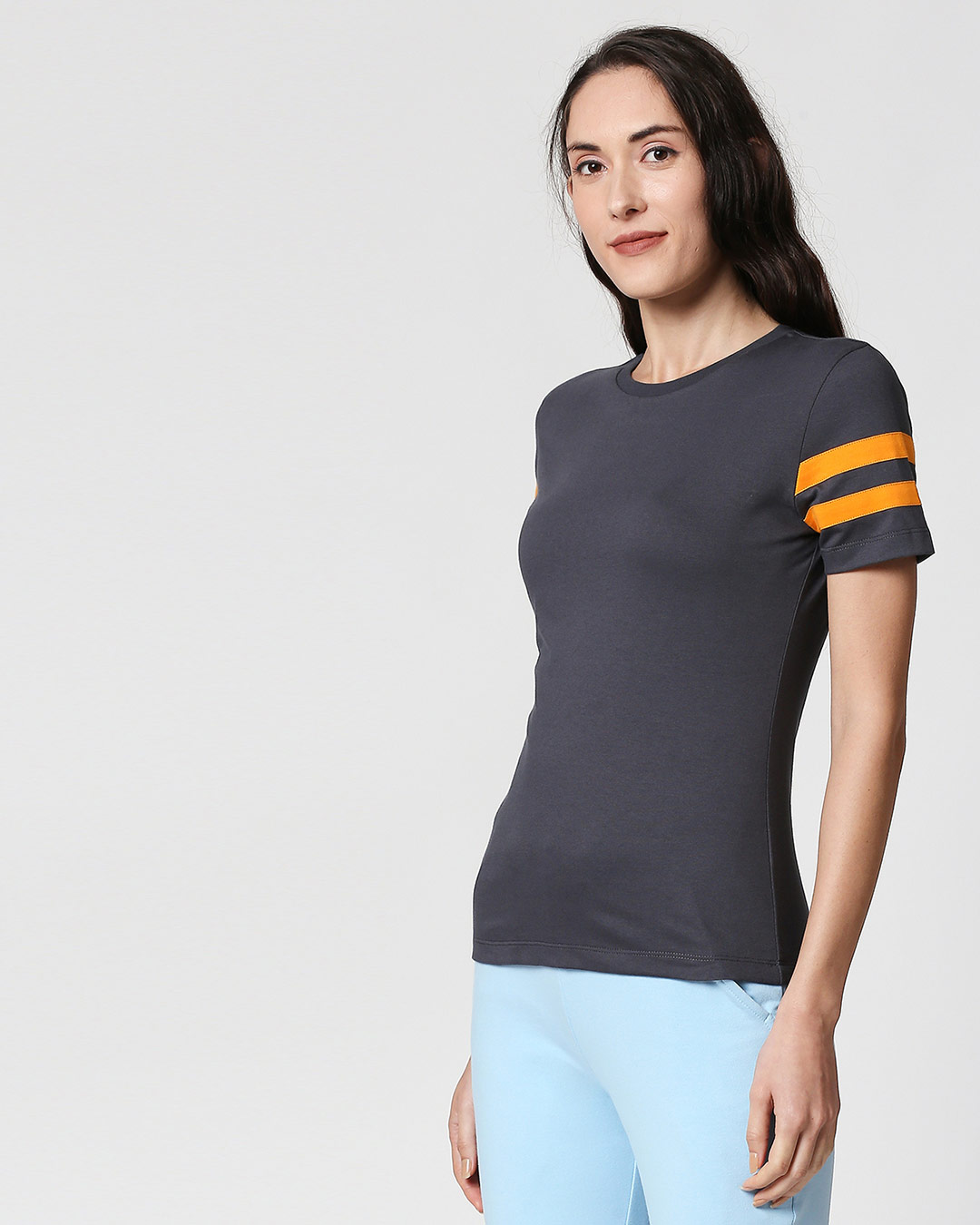 Shop Nimbus Grey-Neon Orange Double Tape Half Sleeves T-Shirt-Back