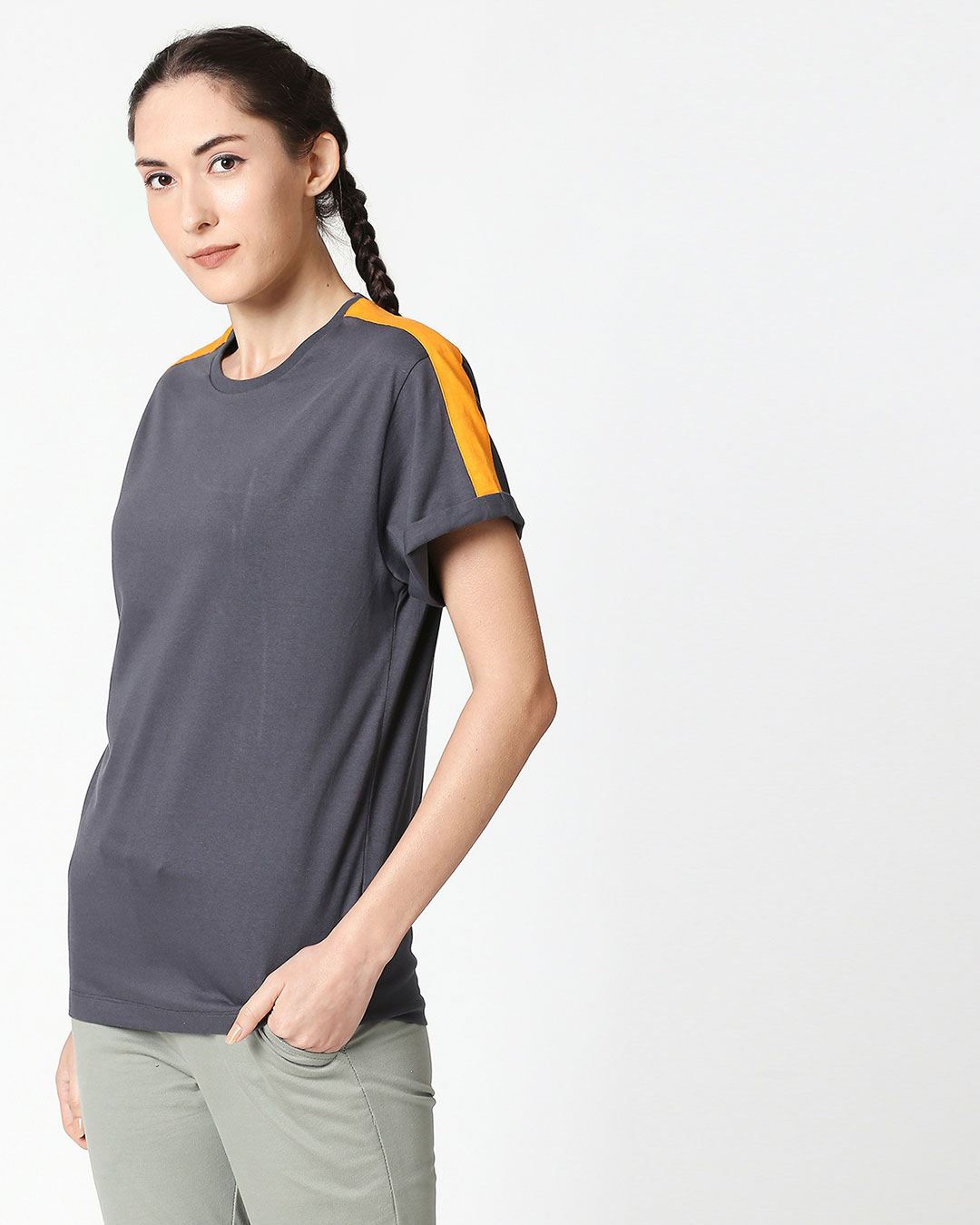 Shop Nimbus Grey-Neon Orange Shoulder Sleeve Boyfriend T-Shirt-Back