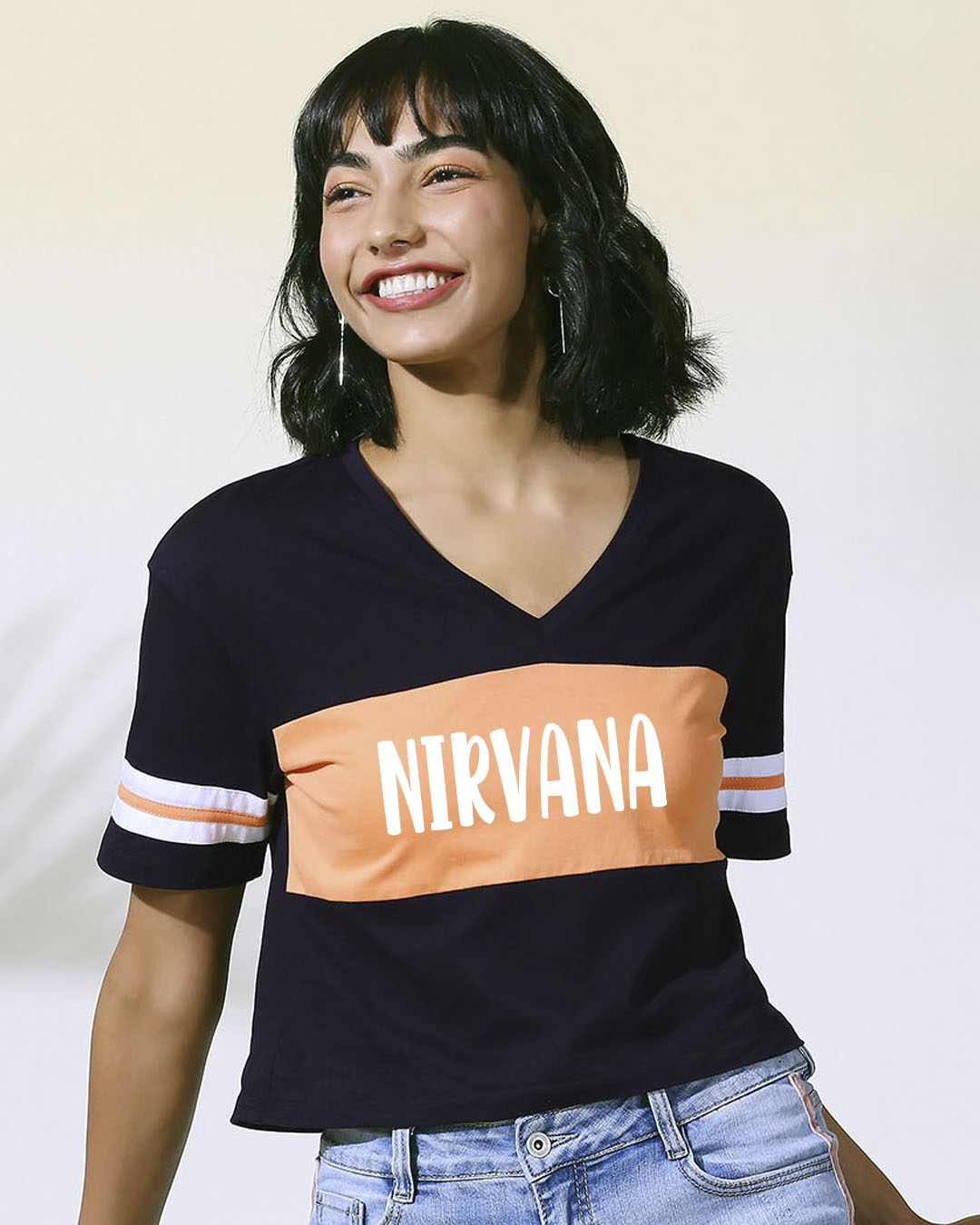 

Nirvana 2.0 V Neck Color Block Crop T-Shirt Women' Printed V Neck Color Block Crop T-shirt Bewakoof.com, Black-orange-white