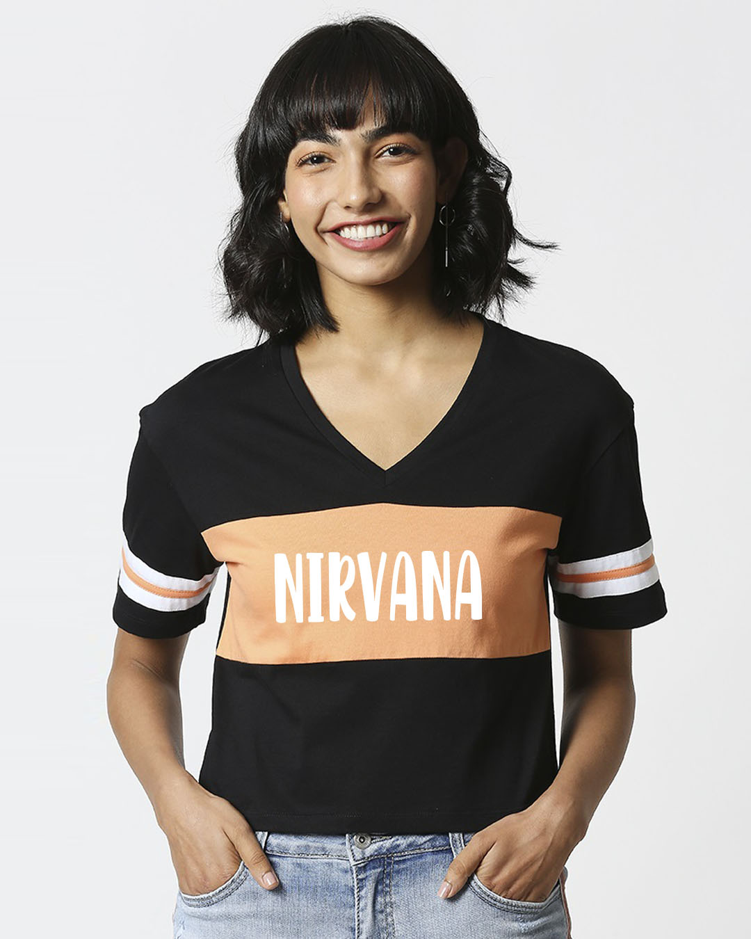 Shop Nirvana 2.0 V Neck Color Block Crop T-Shirt-Back