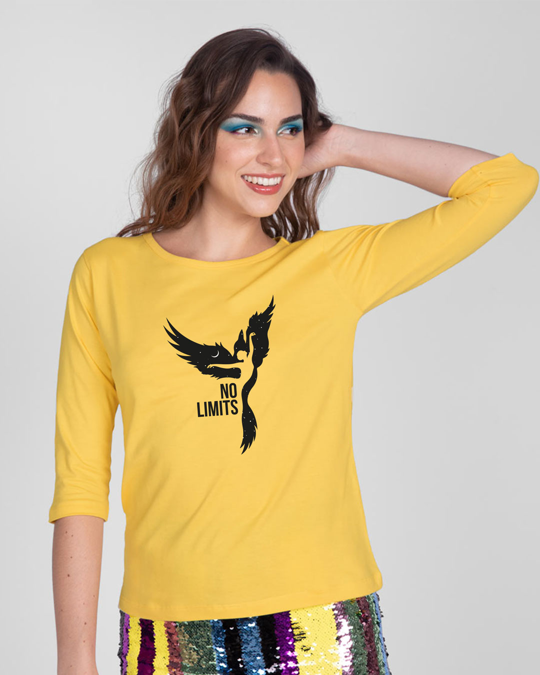 Shop No Limits To Fly Round Neck 3/4th Sleeve T-Shirt Happy Yellow-Back