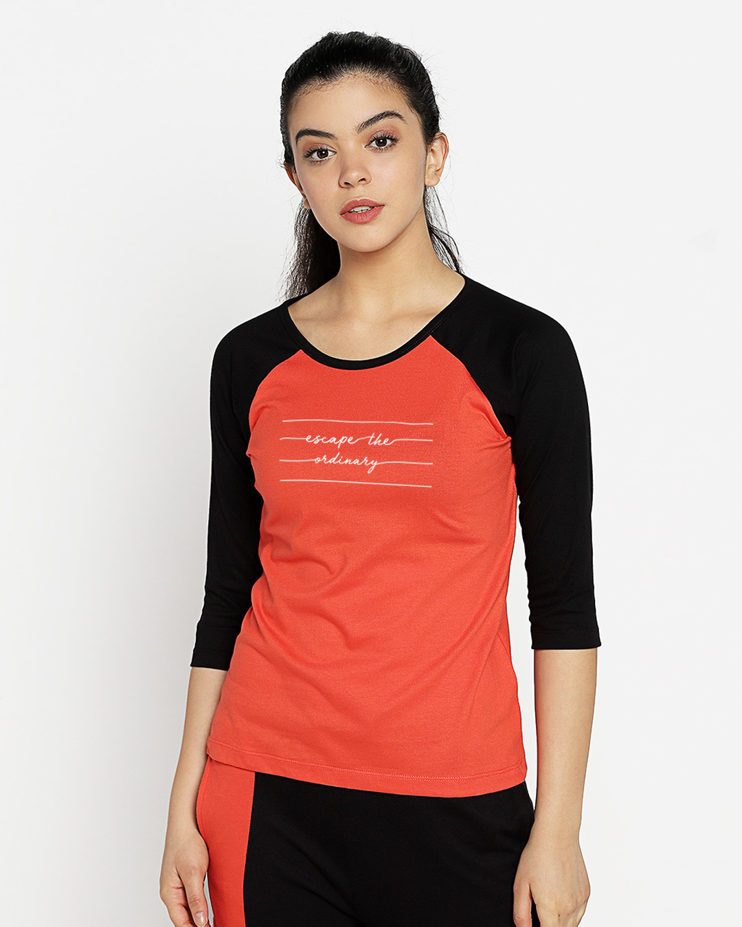 Shop Women's Black & Orange Not Ordinary 3/4th Sleeve Slim Fit Raglan T-shirt-Back