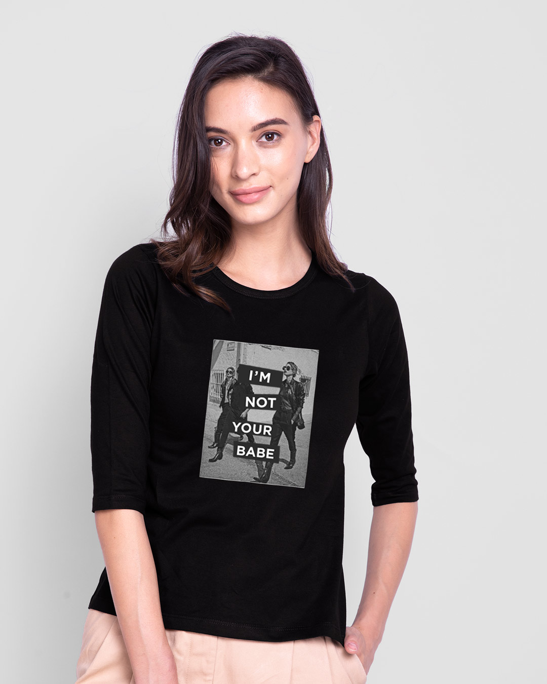 Shop Women's Black Not Your Babe 3/4th Sleeve Graphic Printed Slim Fit T-shirt-Back