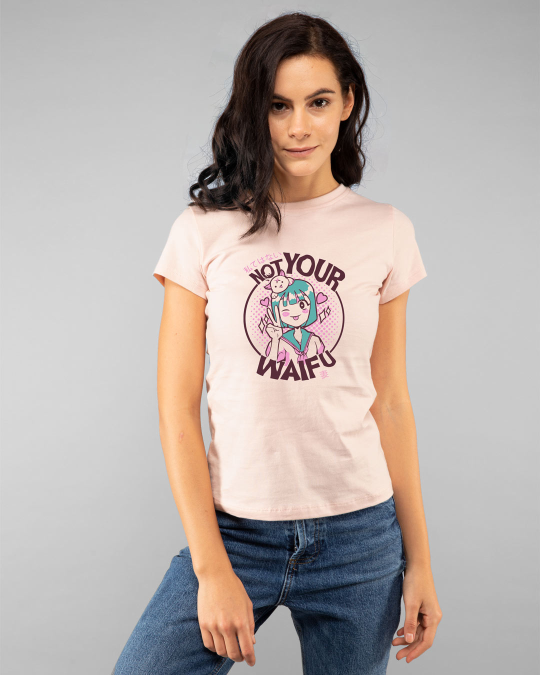 Shop Not Your Waifu Half Sleeve Printed T-Shirt Seashell Pink-Back