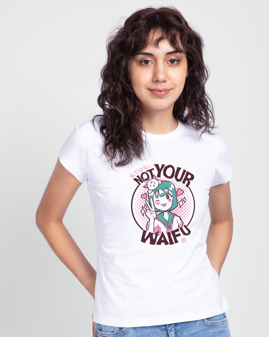 Shop Not Your Waifu Half Sleeve Printed T-Shirt White-Back