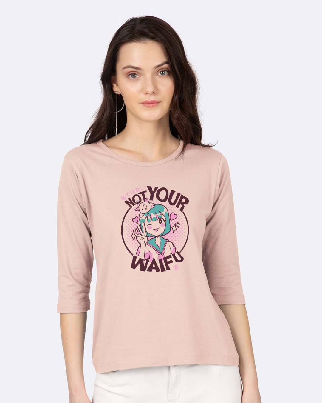 Shop Not Your Waifu Round Neck 3/4 Sleeve T-Shirt Baby Pink-Back