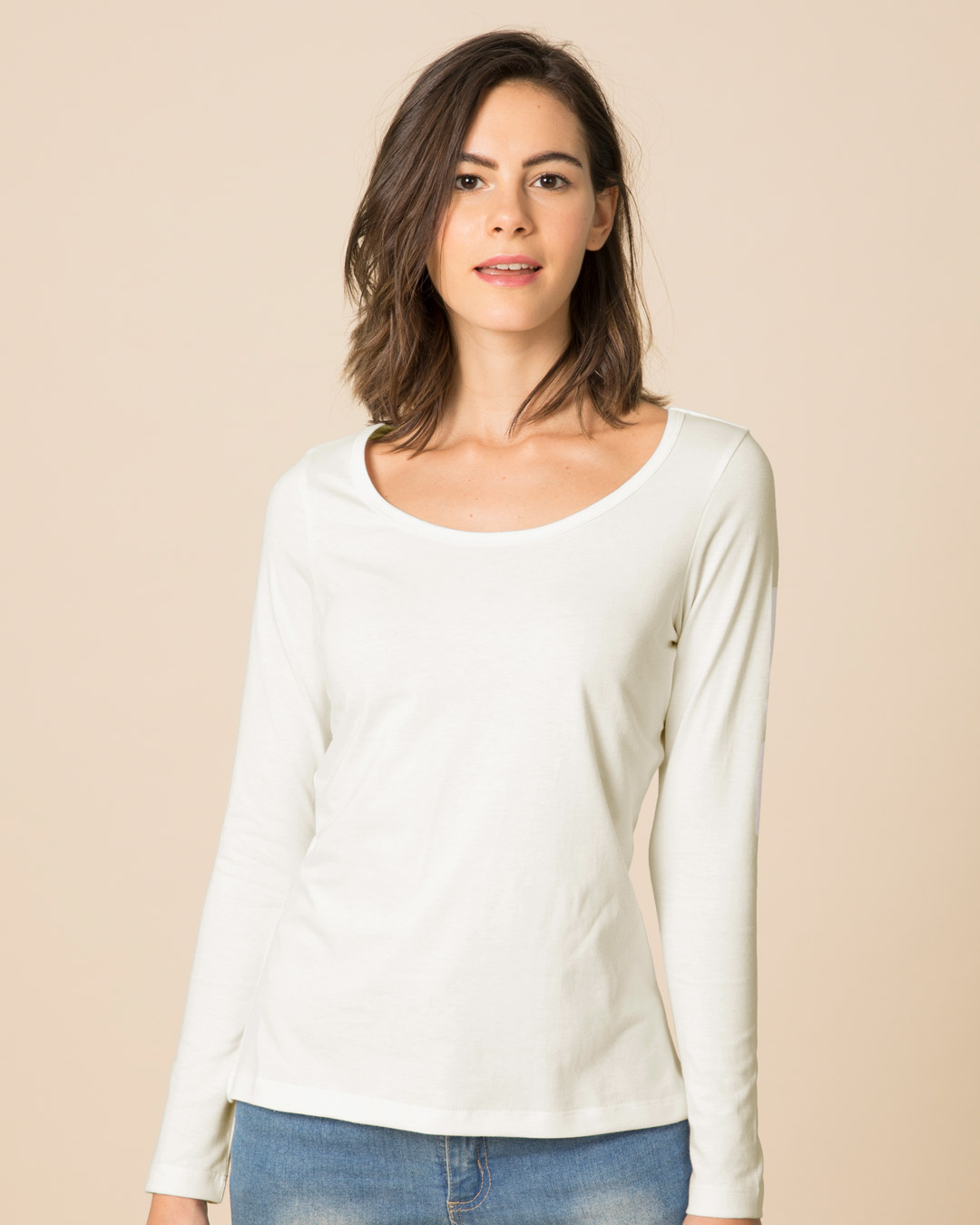 Buy Off White Scoop Neck Full Sleeve T-Shirt for Women white Online at ...