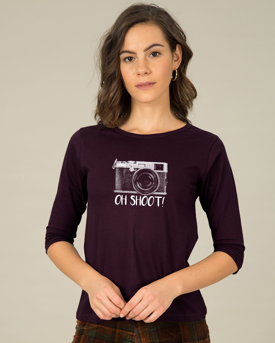 Buy Oh Shoot Round Neck 3/4th Sleeve TShirt for Women maroon Online at Bewakoof