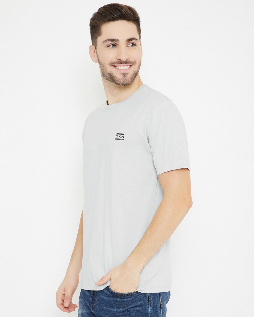 Shop Men's Light Grey Polyester Round Neck T Shirt-Back