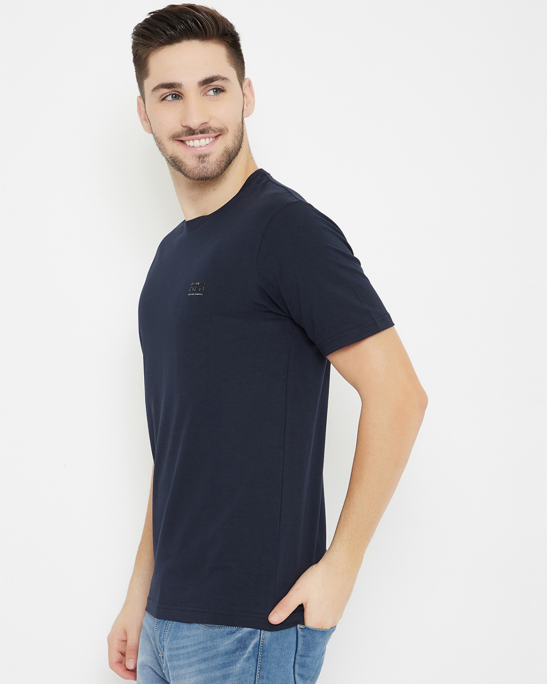 Shop Men's Navy Polyester Round Neck T Shirt-Back