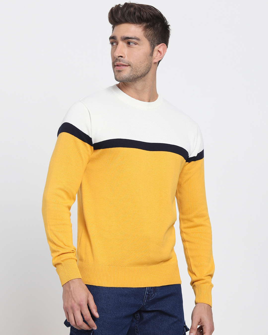 Shop Men's Yellow & White Color Block Flat Knit Sweater-Back