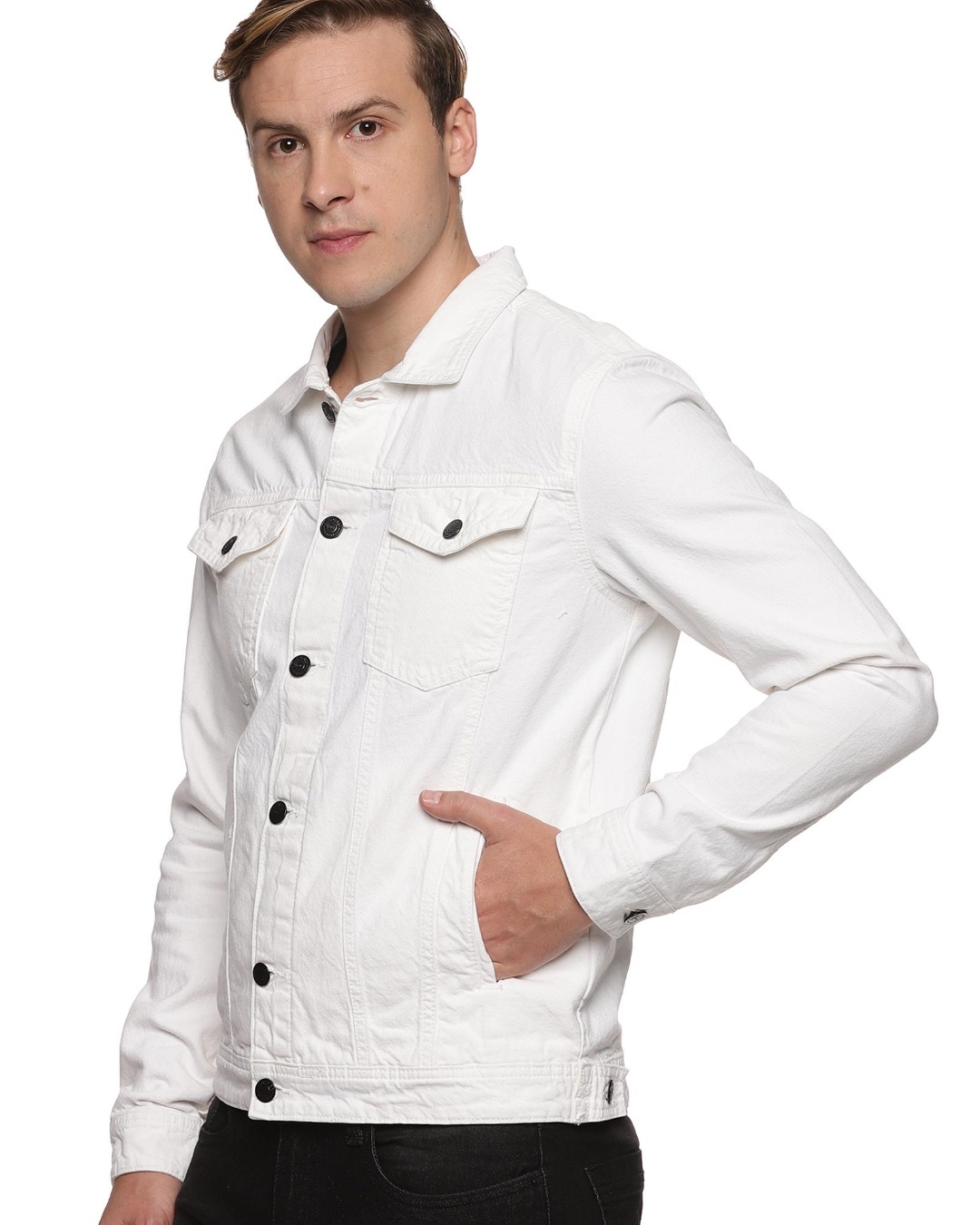 Black Denim Jacket With Light Blue Denim And Plain White T-shirt With White  Background, Black Denim Jacket With Light Blue Denim And Plain White  T-shirt With White Background Stock Photo, Picture and