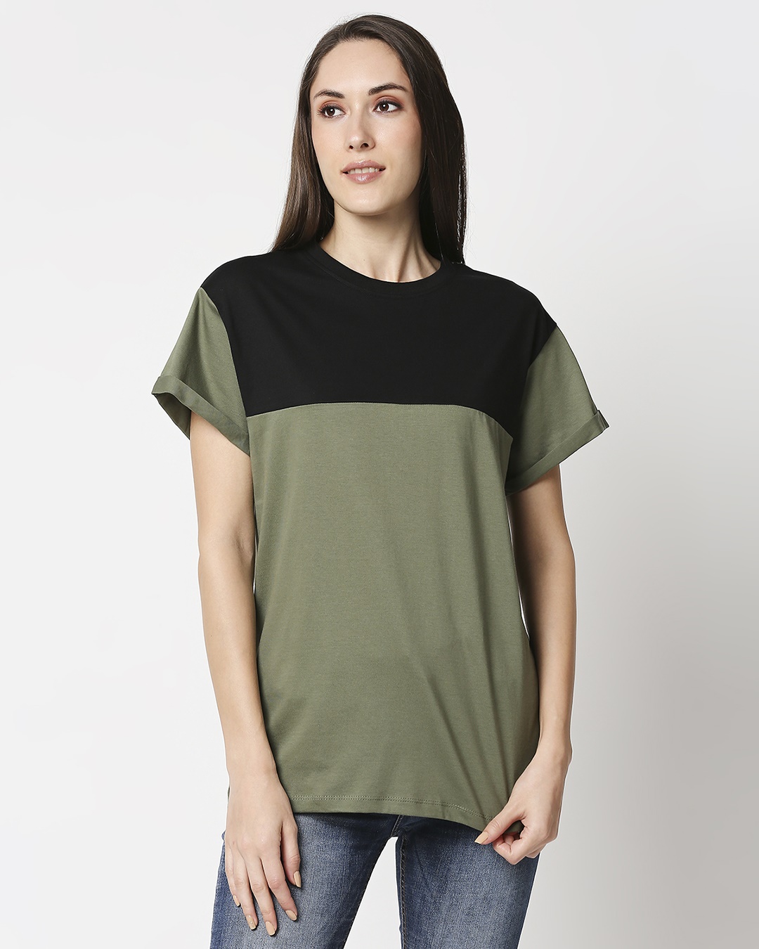 Shop Olive- Black Color Block Boyfriend T-shirt-Back