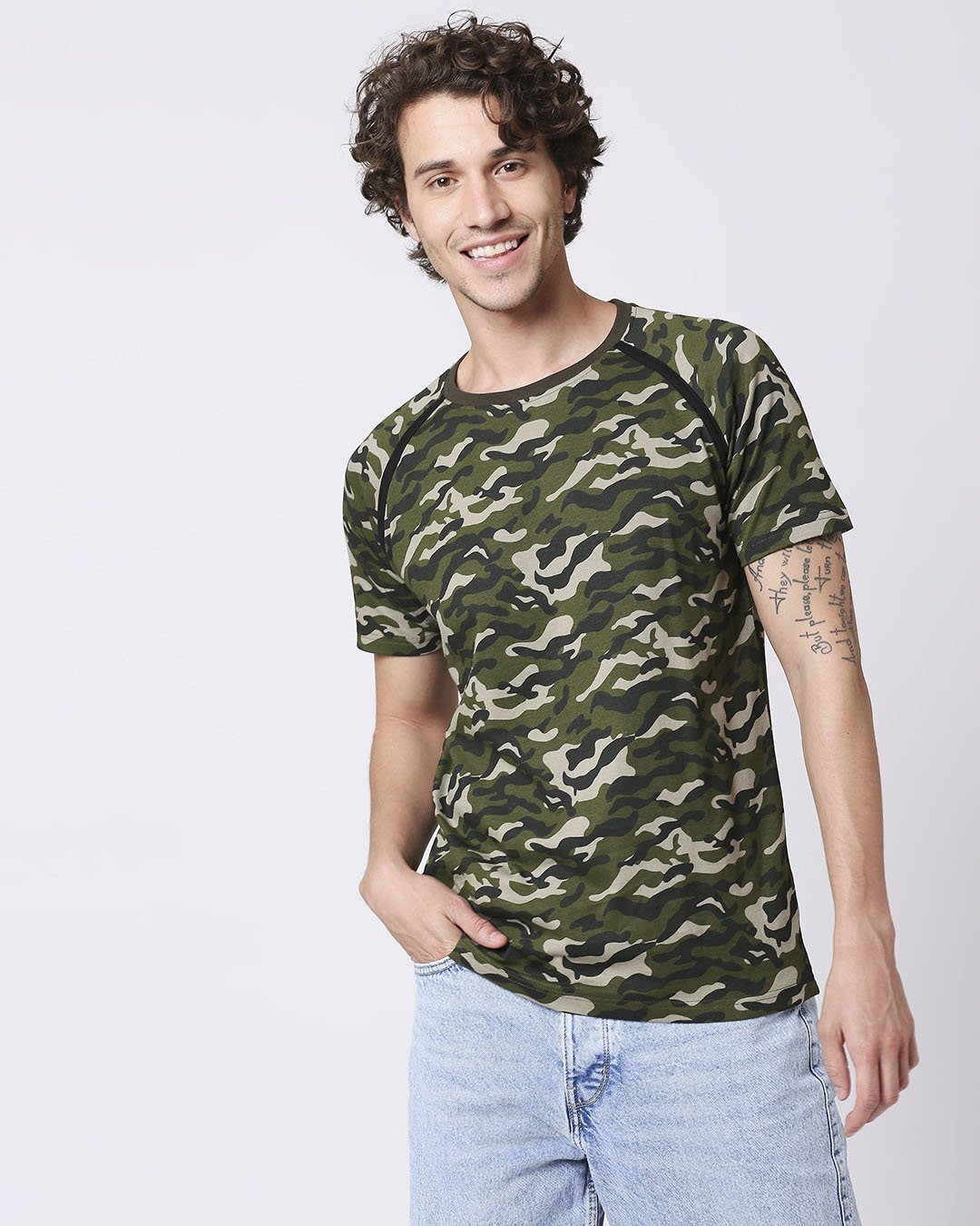 Shop Olive Camo Half Sleeve Side Panel Camo T-Shirt-Back