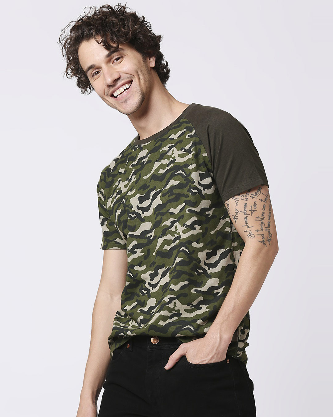 Olive Camo Sleeve Raglan Camo T-Shirt 