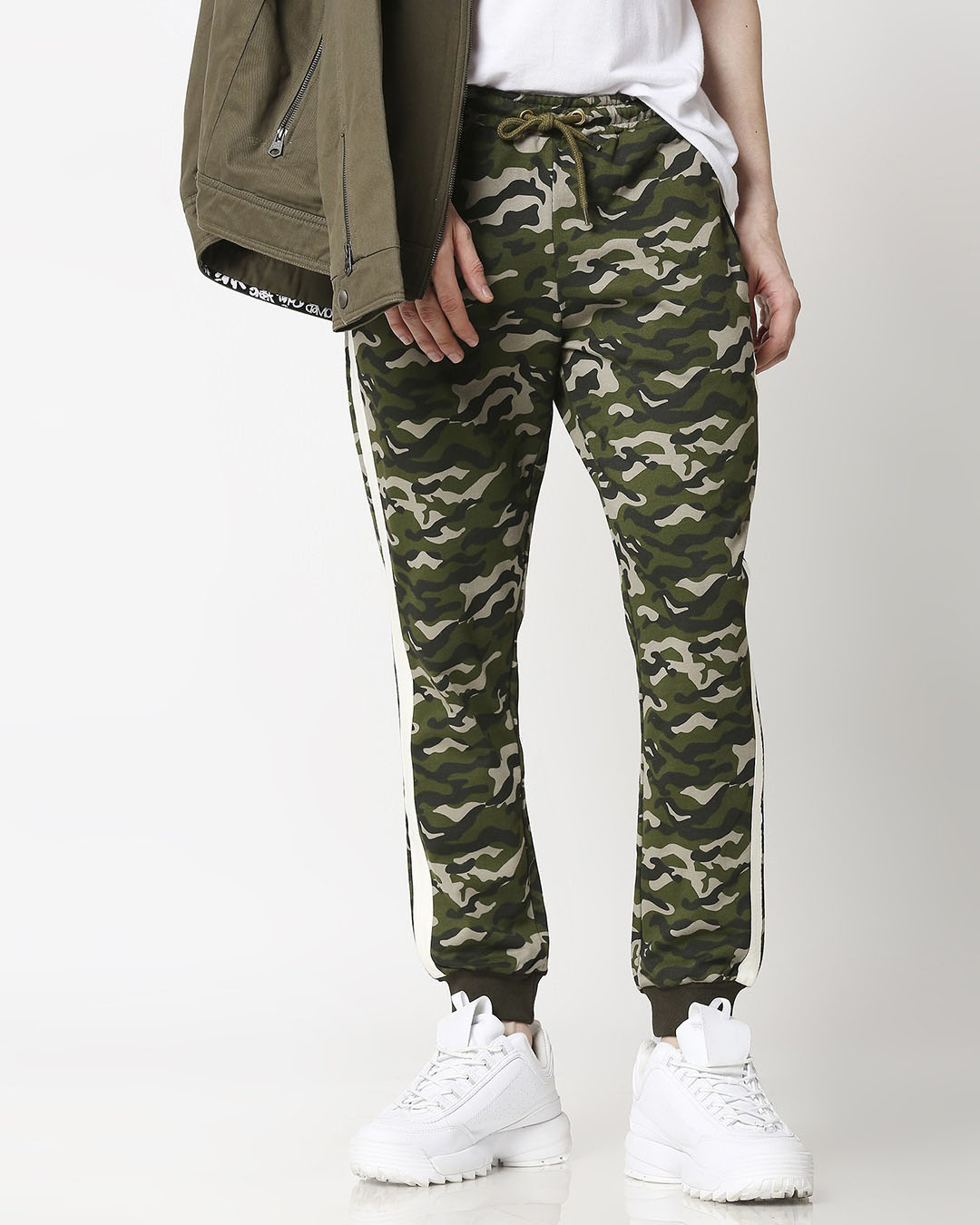 

Olive Camo White Stripe Casual Jogger Men' Side Stripe Casual Jogger Pants Bewakoof.com