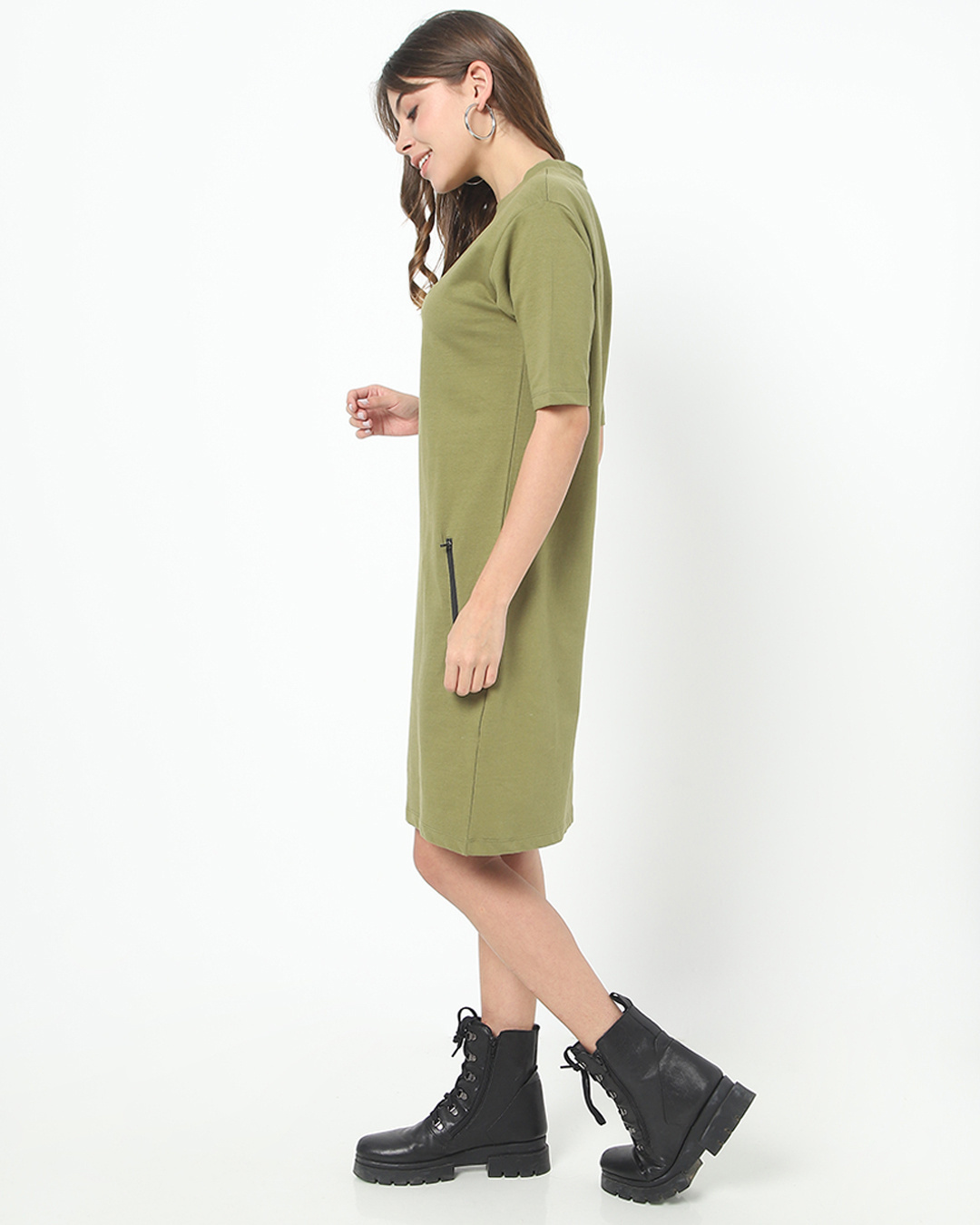 Shop Olive Elbow Sleeve Pocket Dress-Back
