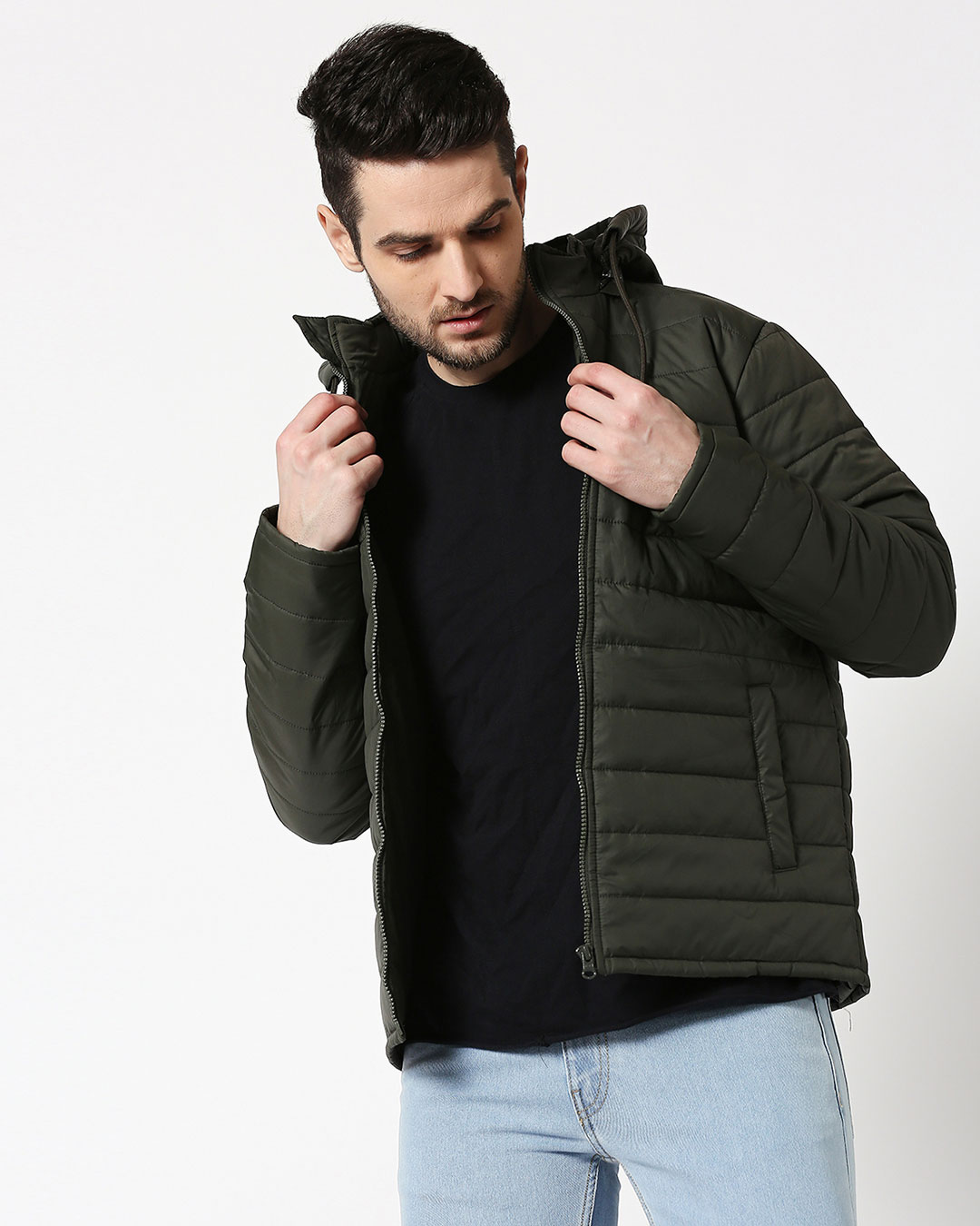 

Olive Plain Puffer Jacket with Detachable Hood Men' Plain Puffer Jacket - Detachable Hoodie Bewakoof.com, Green