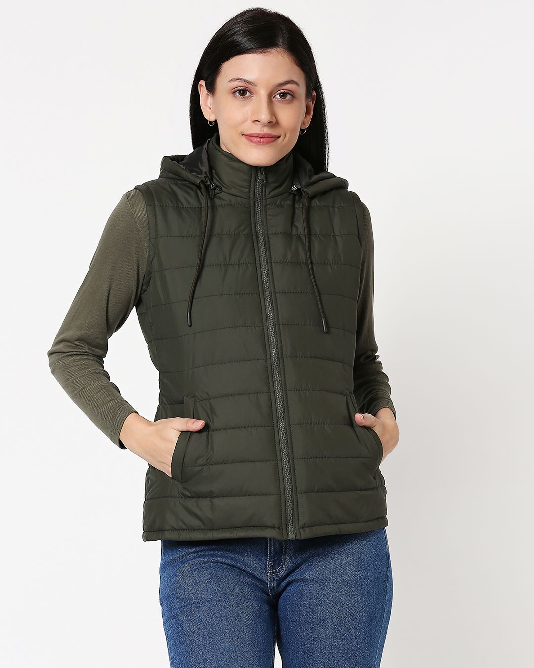 Shop Women's Olive Puffer Jacket With Detachable Hood-Back