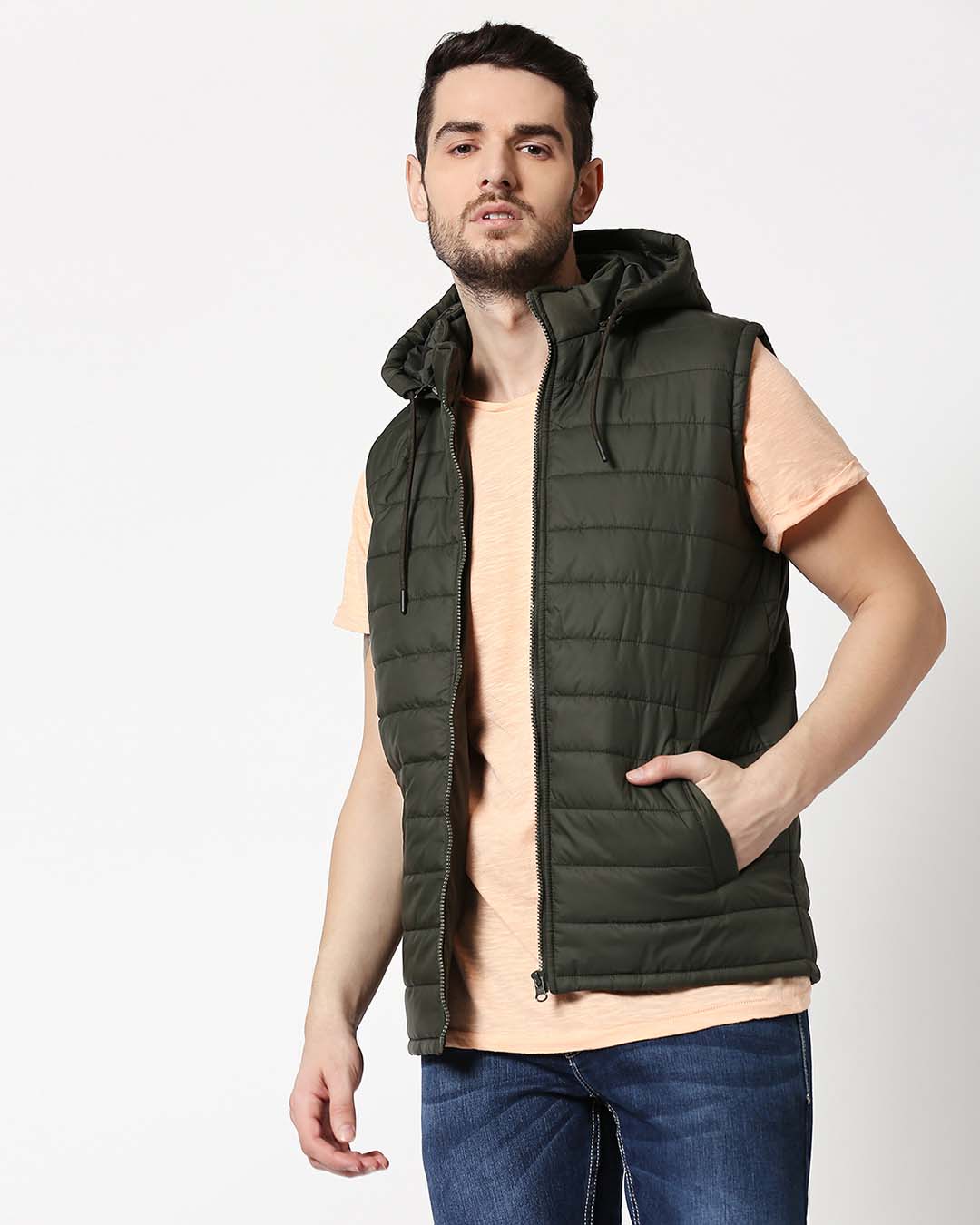 Shop Olive Plain Sleeveless Puffer Jacket with Detachable Hood-Back