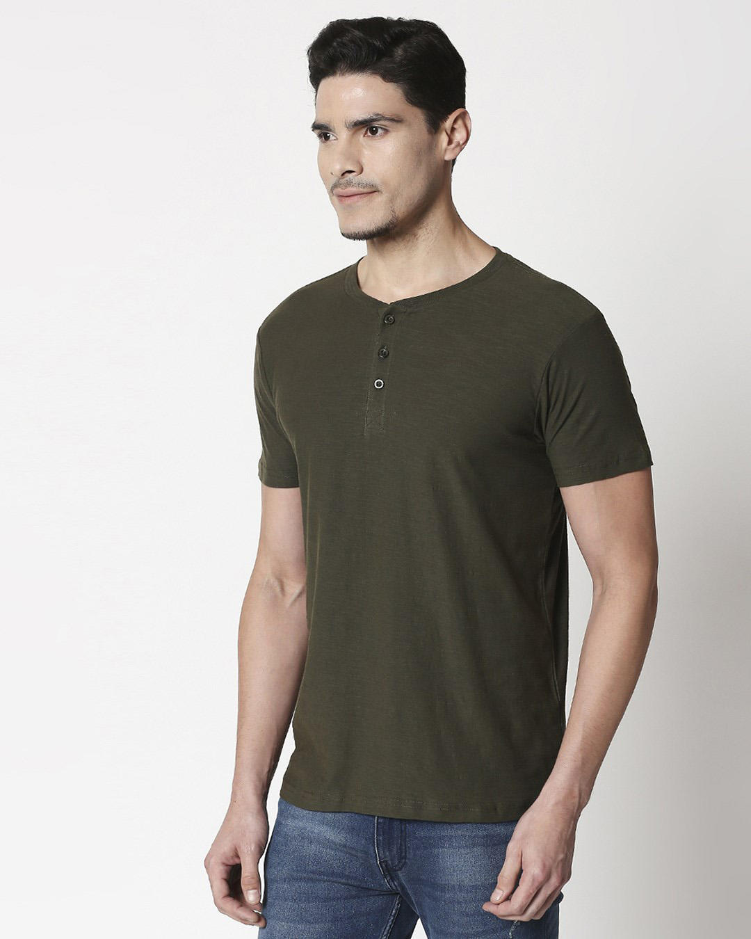 Shop Olive Slub Half Sleeve Henley T-Shirt-Back
