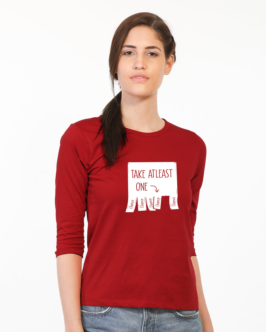 Shop One Chance Round Neck 3/4 Sleeve T-Shirt Bold Red-Back