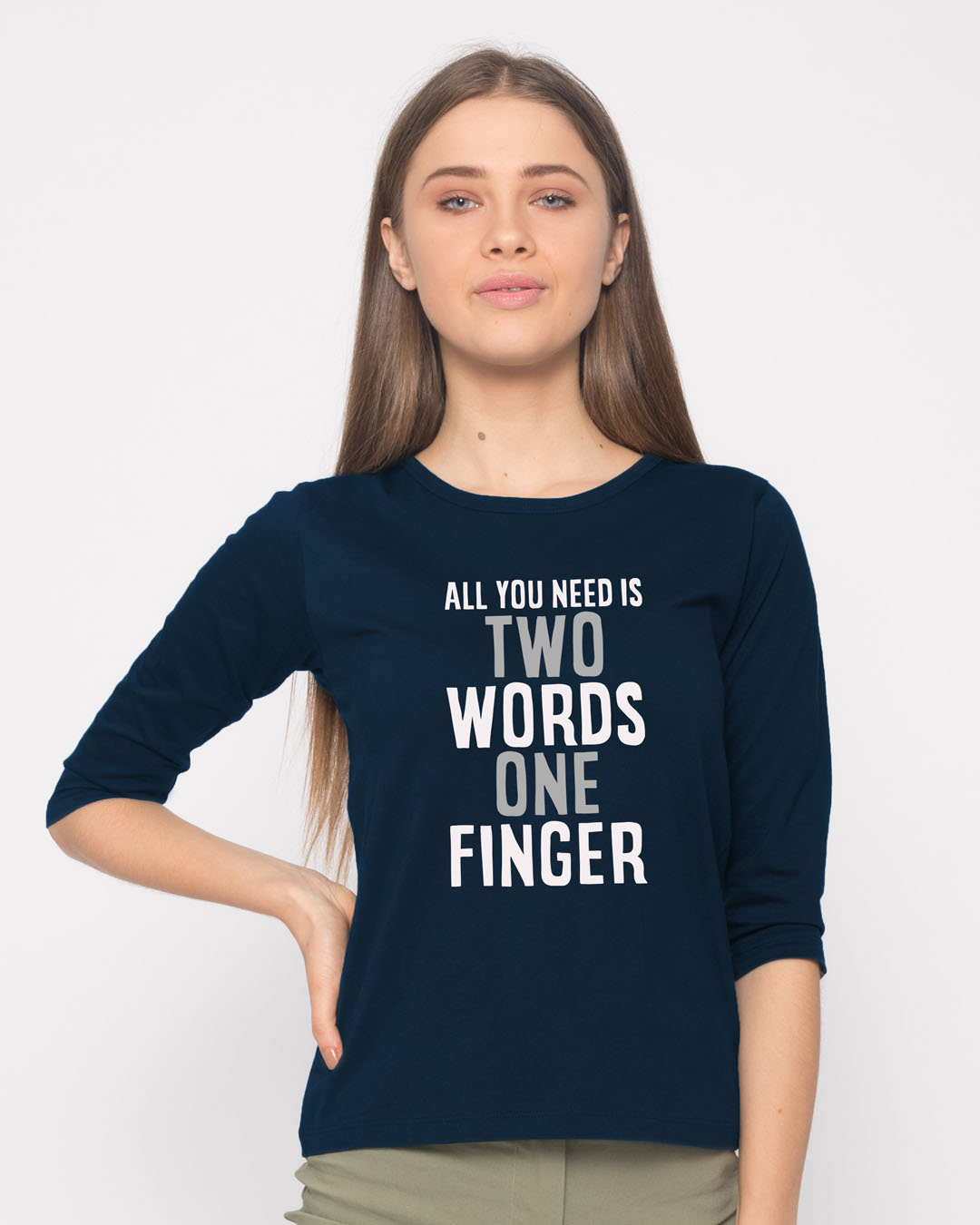 Buy One Finger Round Neck 34th Sleeve T Shirt For Women Blue Online At Bewakoof 0730