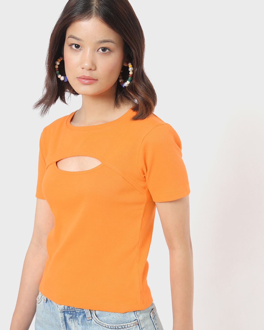 Shop Women's Orange Keyhole Neck Slim Fit Short Top-Back