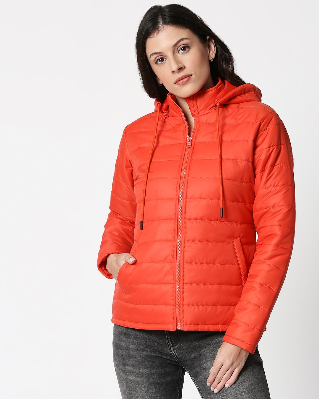 Buy Women's Orange Puffer Jacket With Detachable Hood for Women orange ...