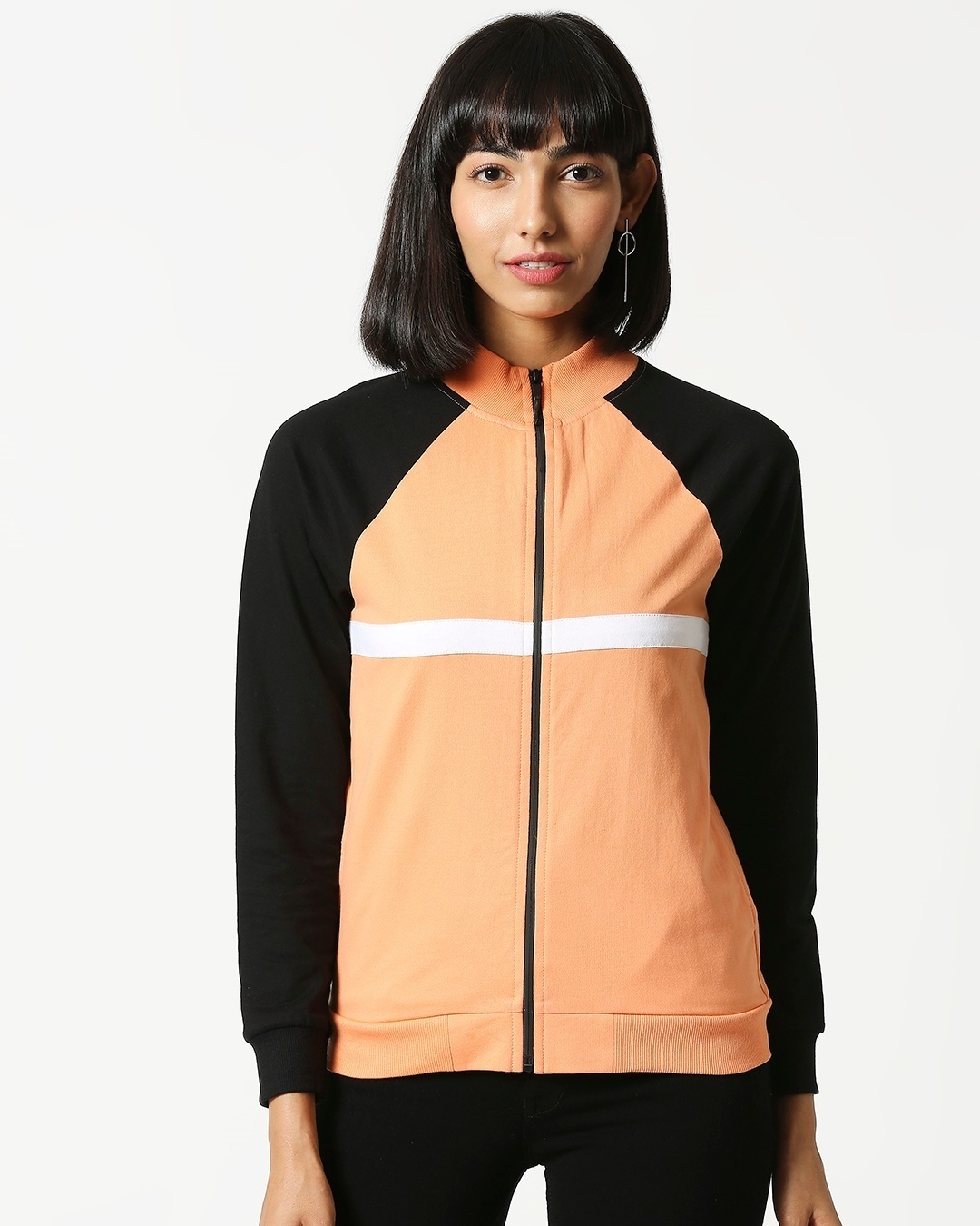 Shop Orange Rush Contrast Sleeves Panel Zipper Hoodie-Back