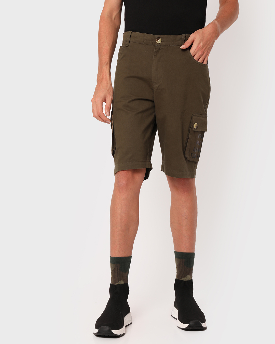 Shop Overthinker Olive Cargo Shorts-Back