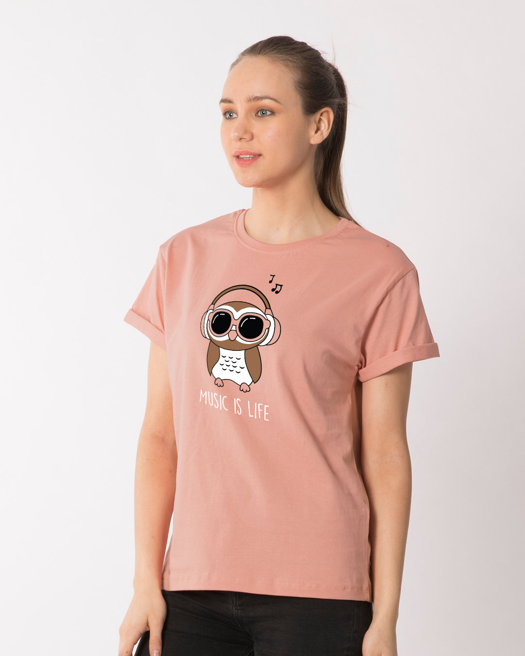 Shop Owl Headphones Boyfriend T-Shirt-Back