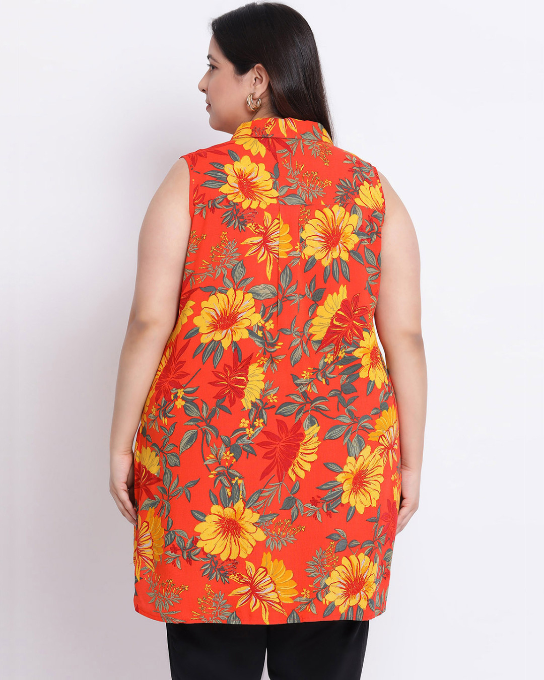 Shop Plus Size  Women Orange Floral Print Polo Shirt-Back