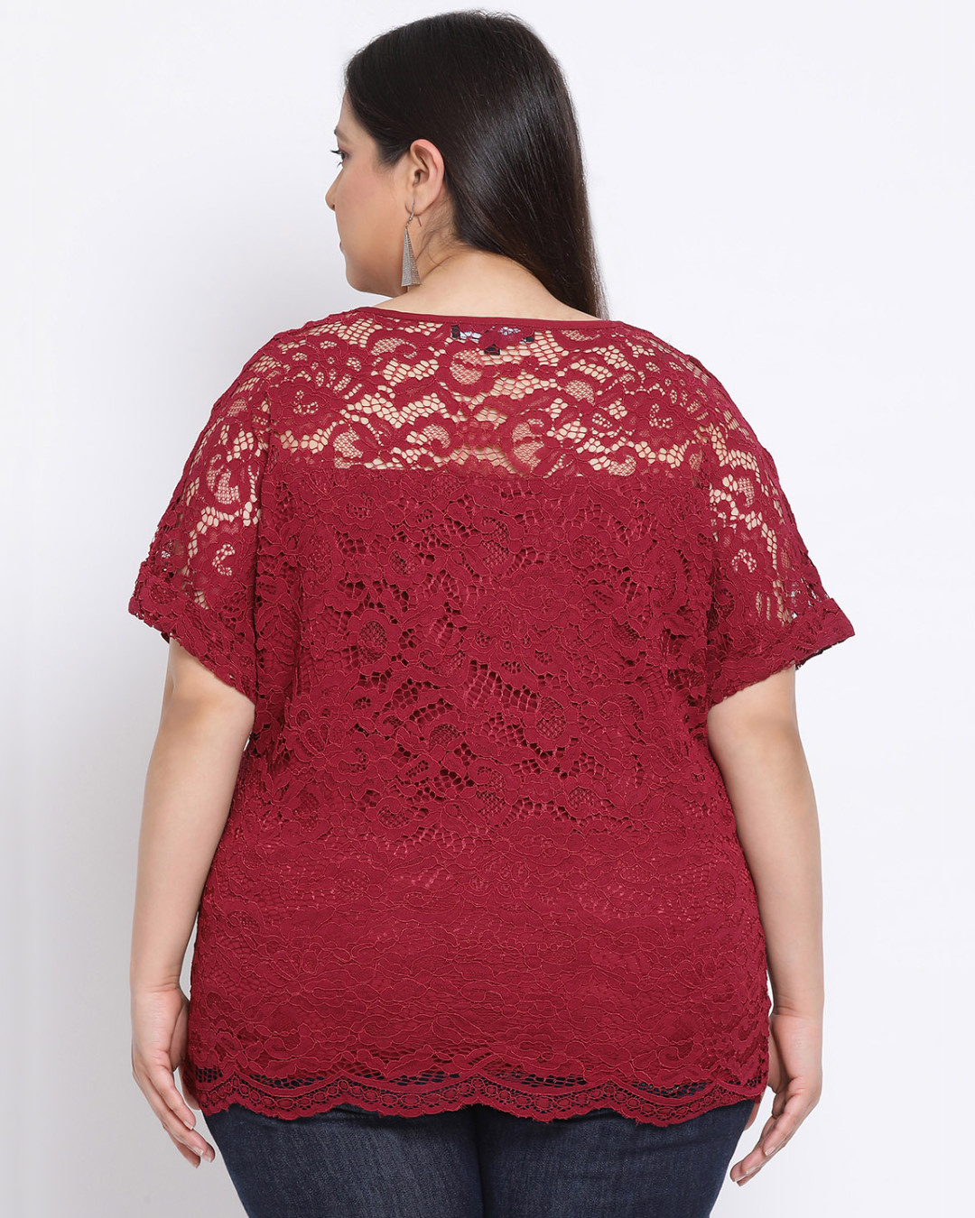 Shop Women's Plus Size Maroon Embroidered Round Neck Top-Back