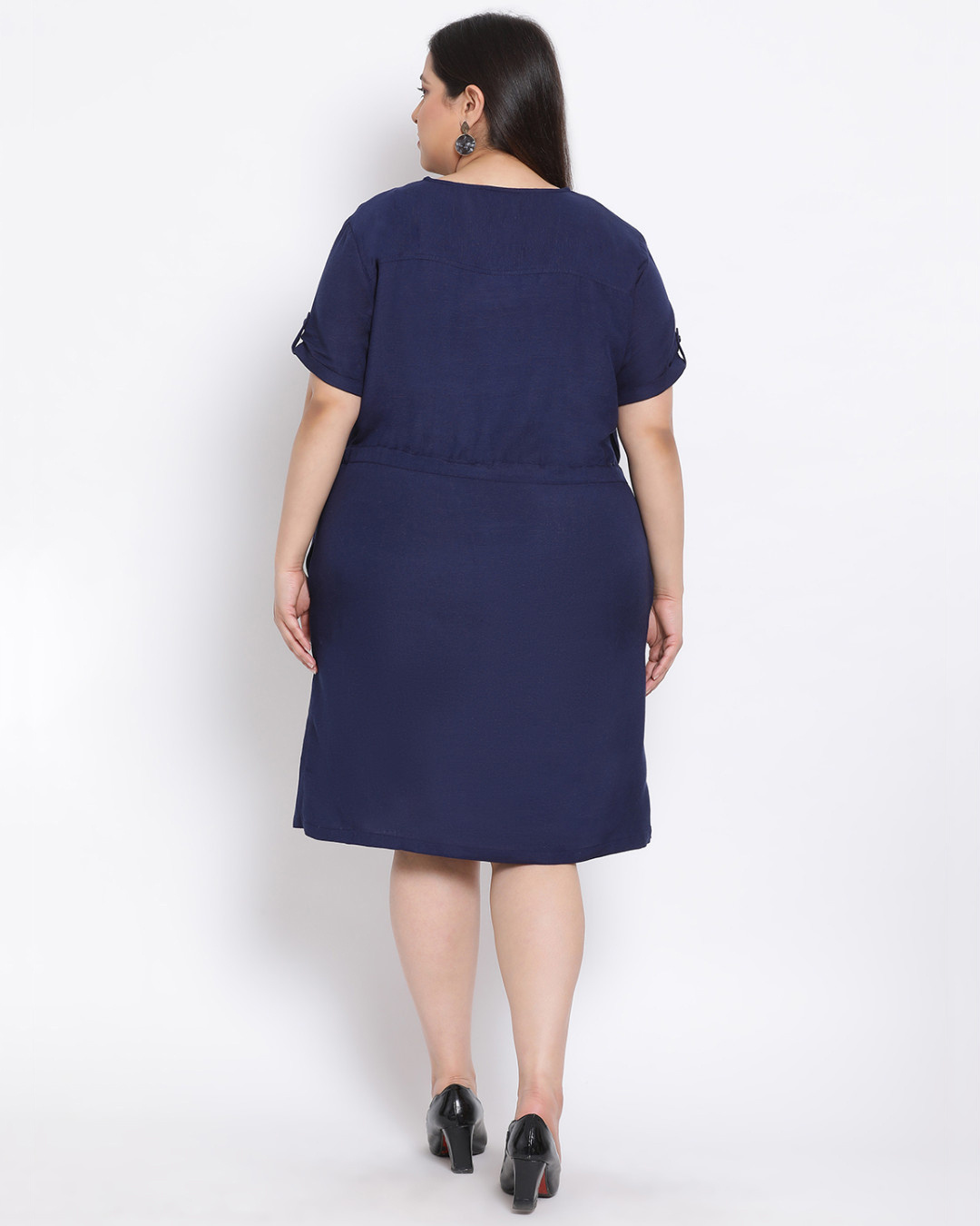 Shop Women's Plus Size Blue Solid V-Neck Dress-Back