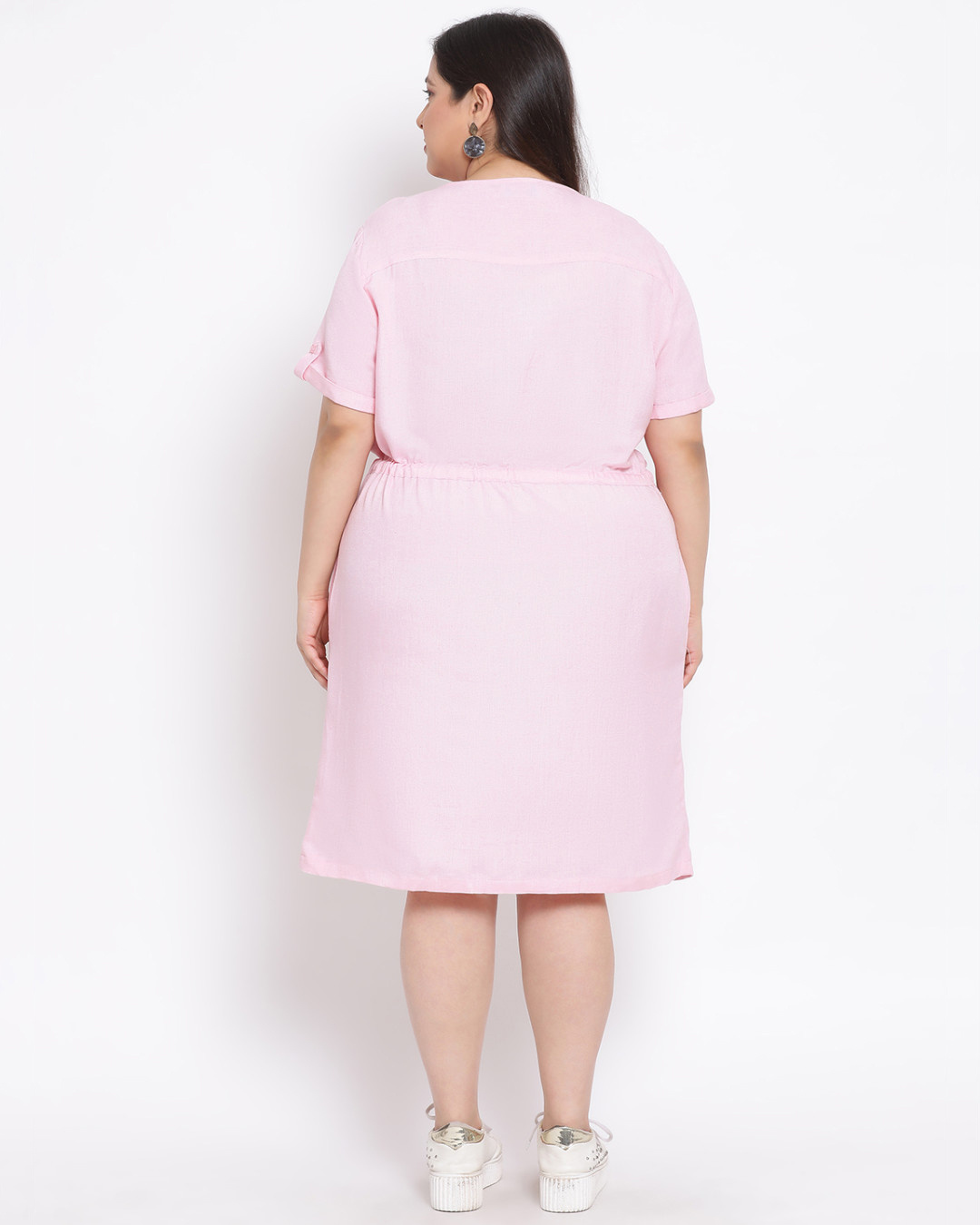 Shop Women's Plus Size Pink Solid V-Neck Dress-Back