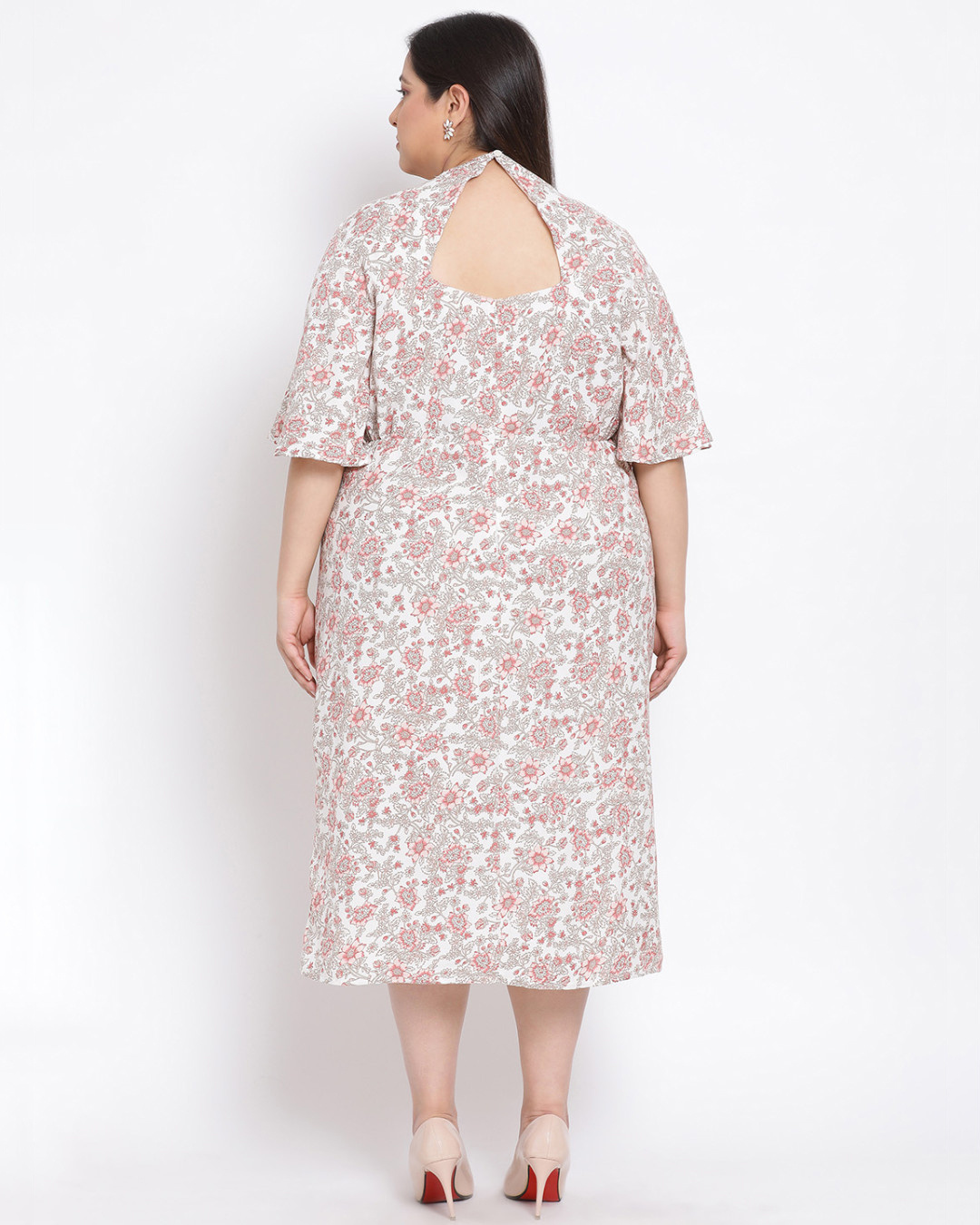 Shop Women's Plus Size White Floral Print V-Neck Dress-Back