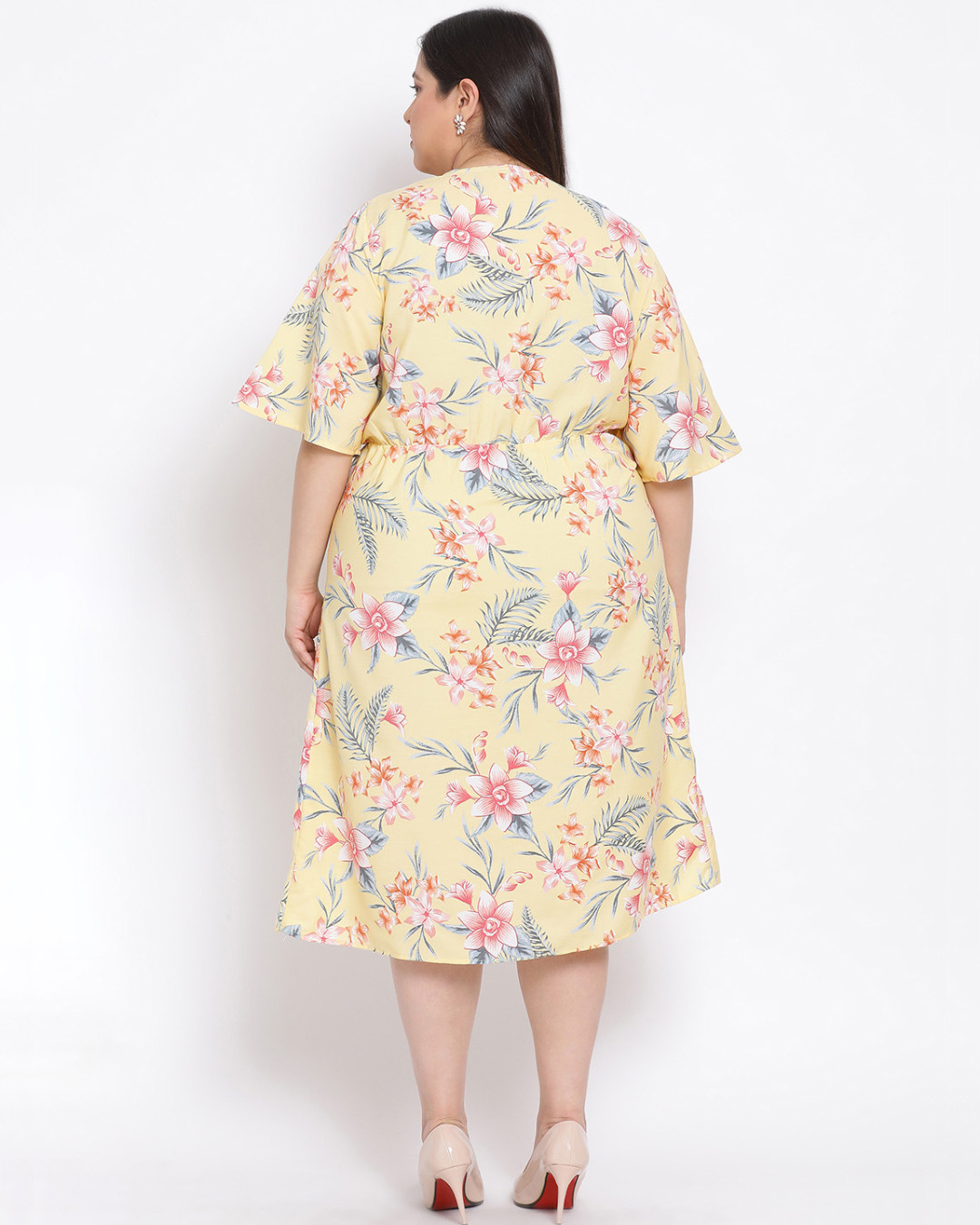 Shop Women's Plus Size Yellow Floral Print V-Neck Dress-Back