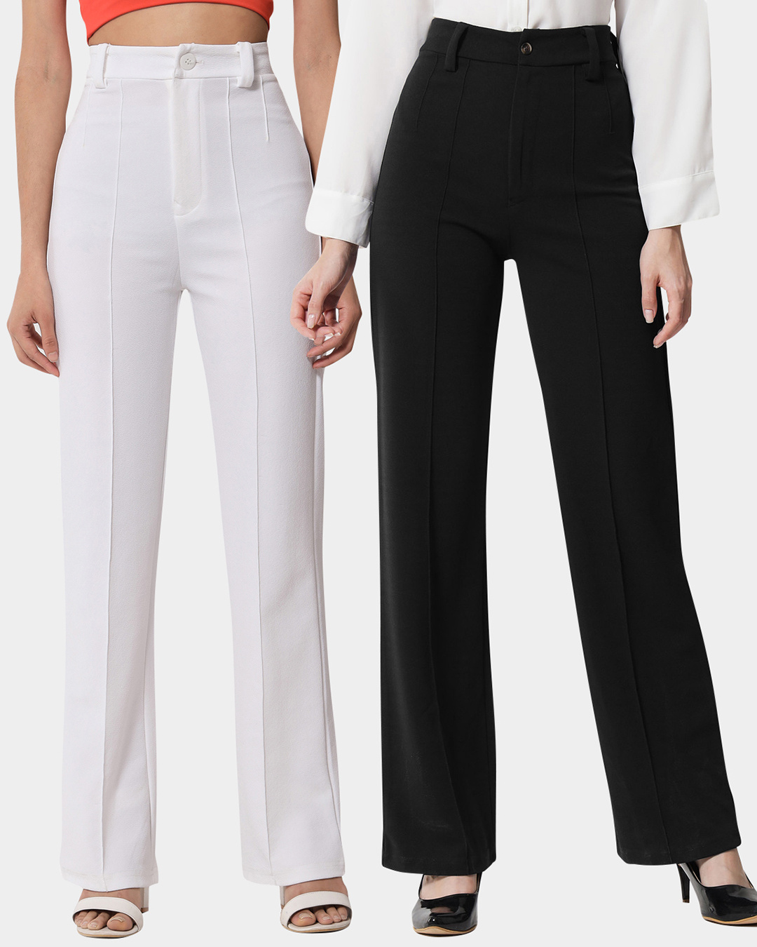 Buy Pack of 2 Women's White & Black Straight Fit Trousers Online at ...