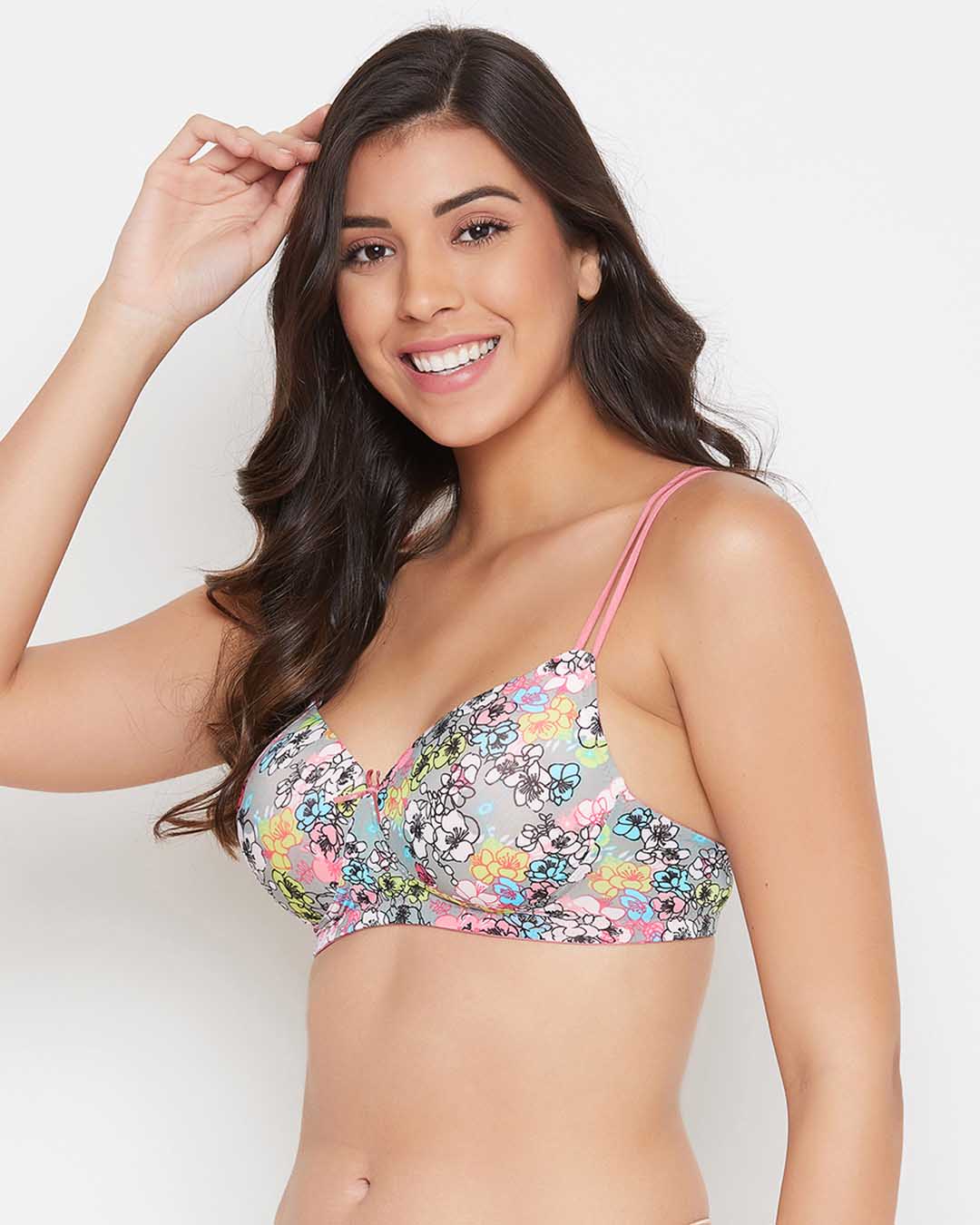 Shop Padded Non Wired Full Cup Floral Print T-Shirt Bra In Grey-Back