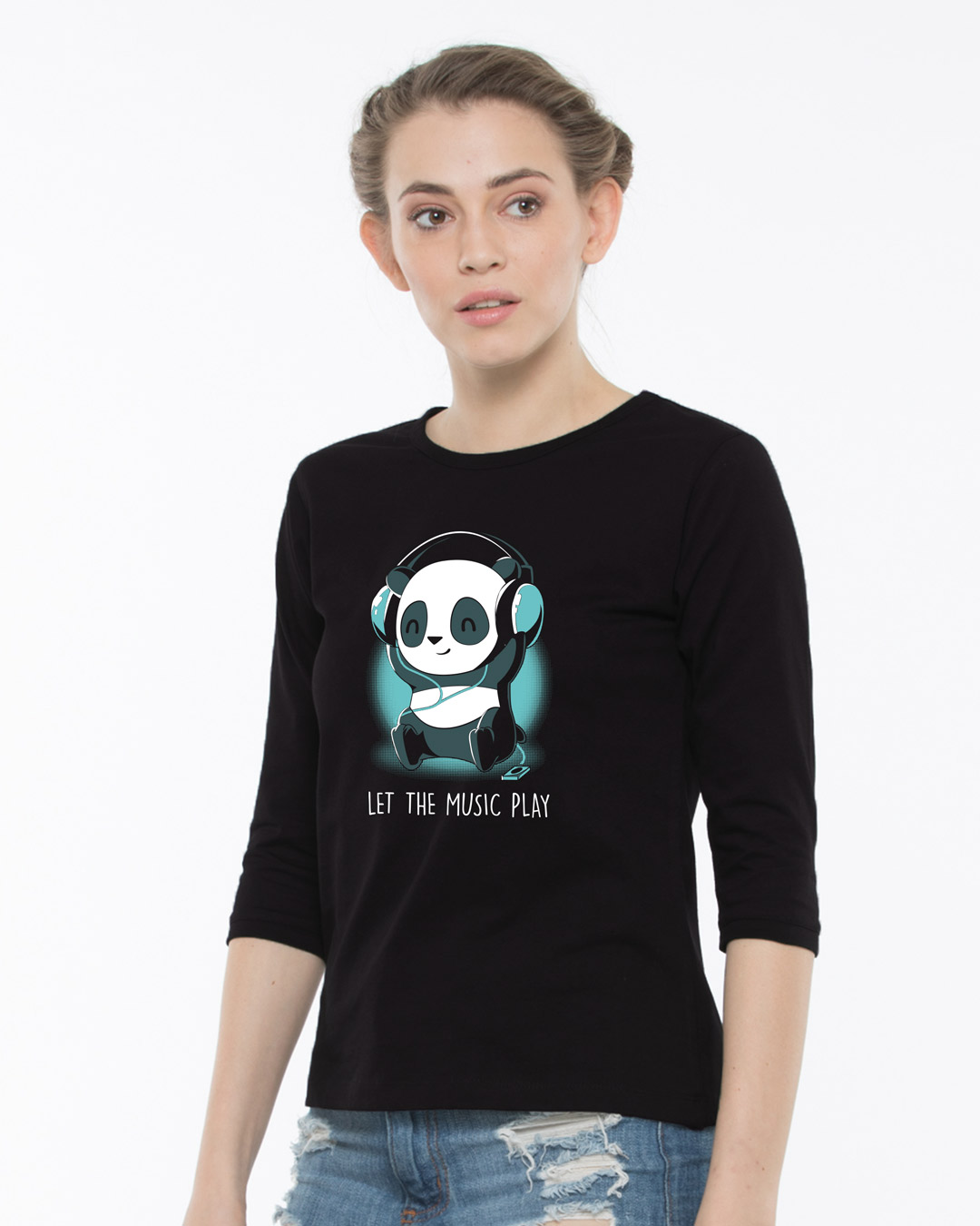 Shop Panda Headphones Round Neck 3/4th Sleeve T-Shirt-Back