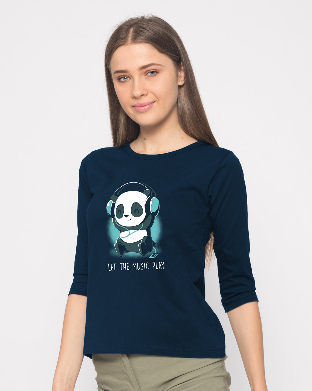 Shop Panda Headphones Round Neck 3/4th Sleeve T-Shirt-Back