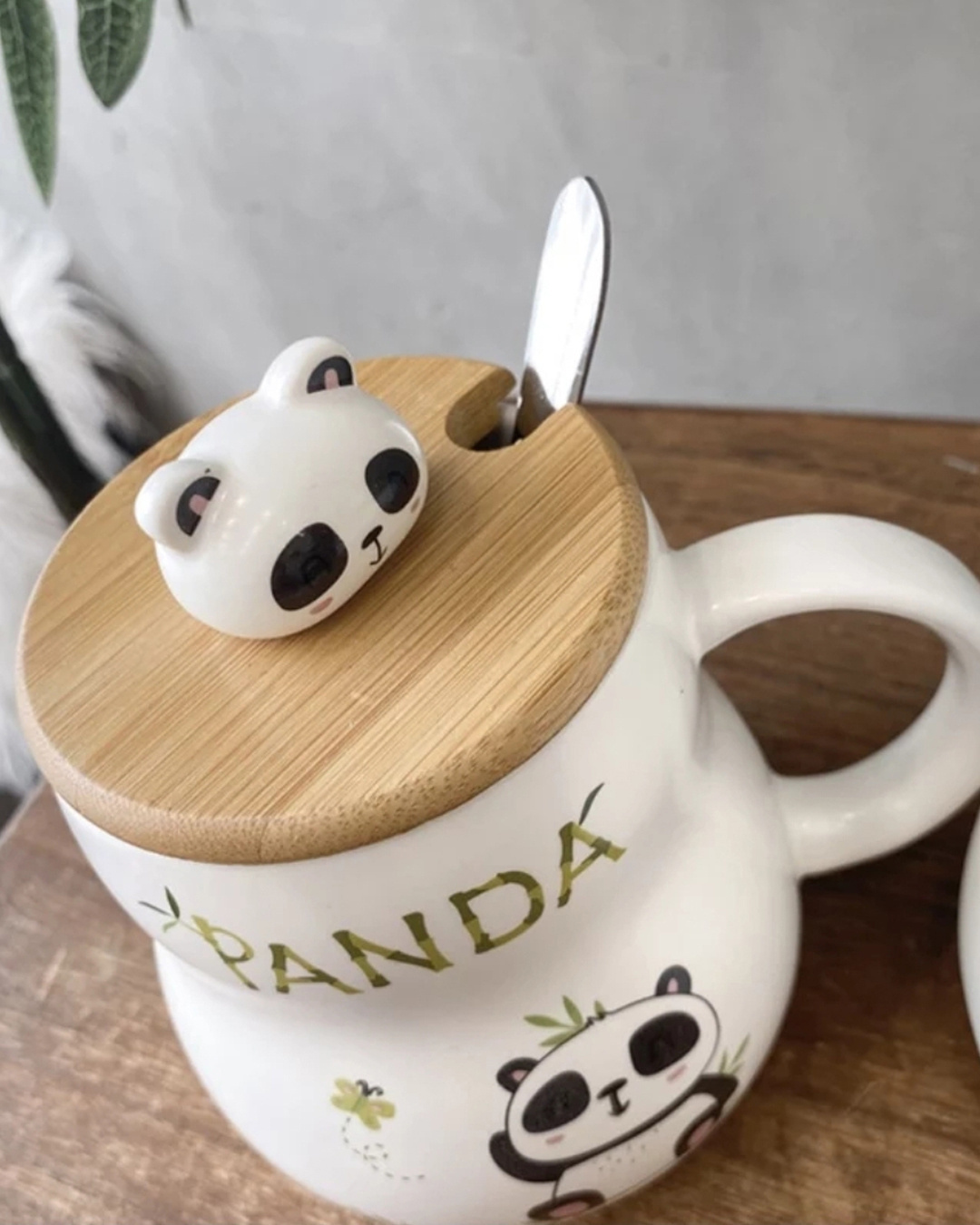 Shop Panda Printed Combo Ceramic Mug,  With Wooden Lid And Spoon(350 ml, White, Single Piece)-Back