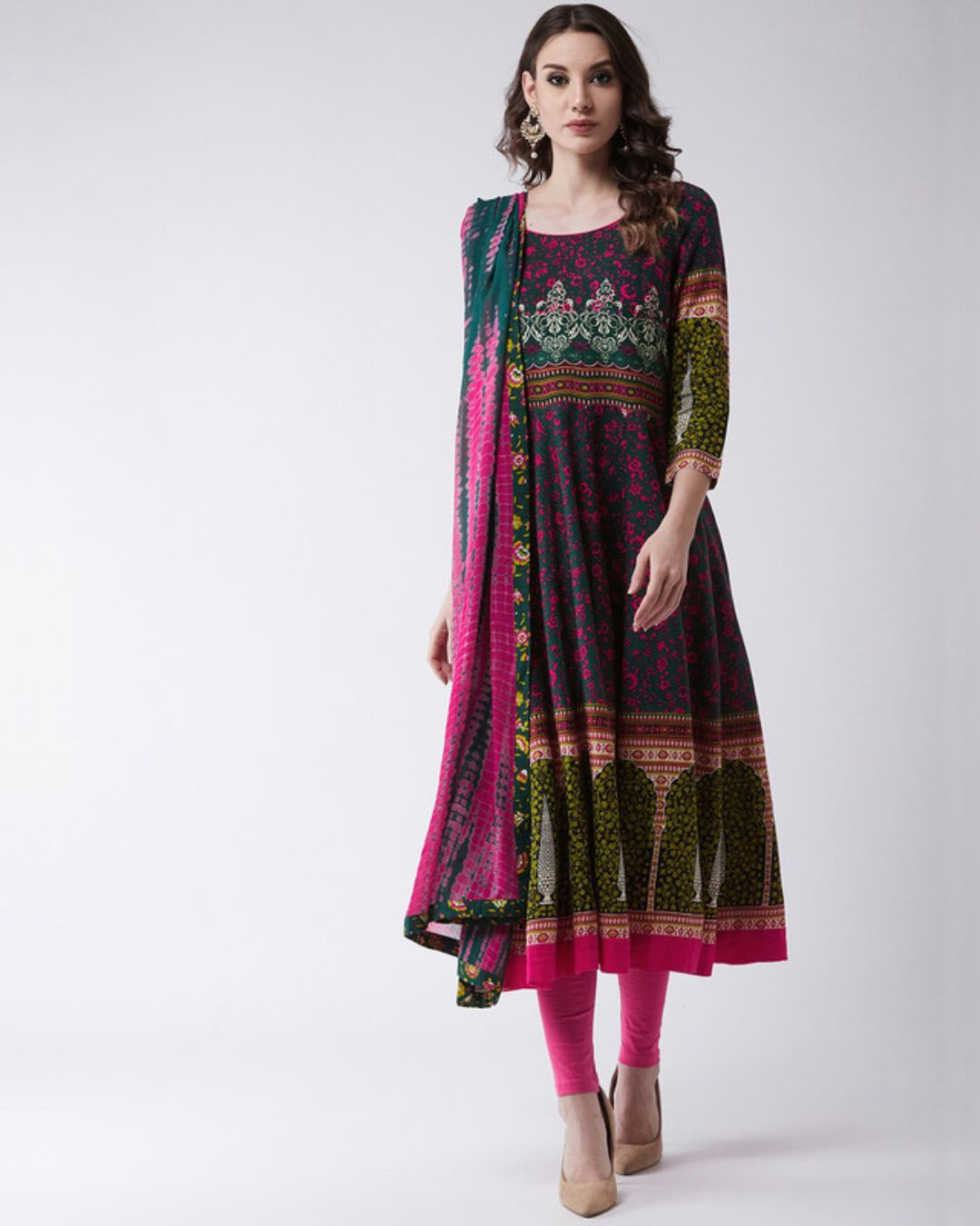 Buy Pannkh Women's Mughal Flared Kurta With Tie-Dye Dupatta for Women ...