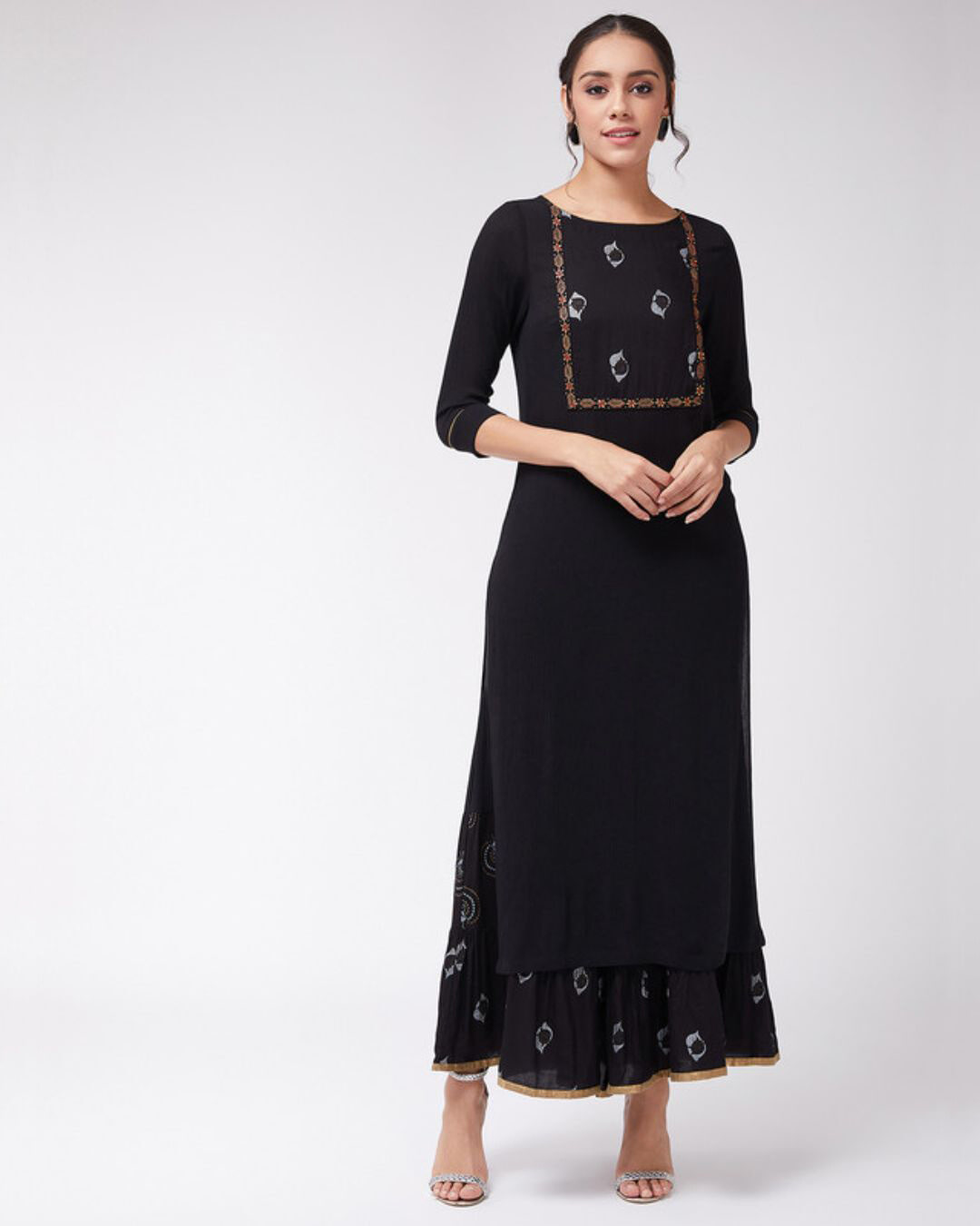 Buy Pannkh Womens Black Foil Printed Straight Fit Kurta for Women Black ...