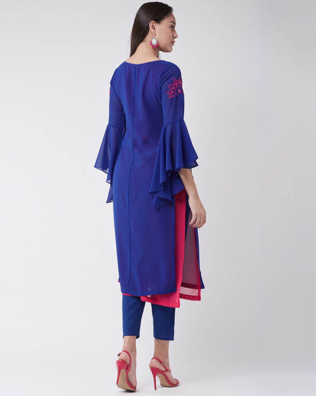 Shop Womens Yoke Embroidered Layered Kurta With Bell Sleeves-Back